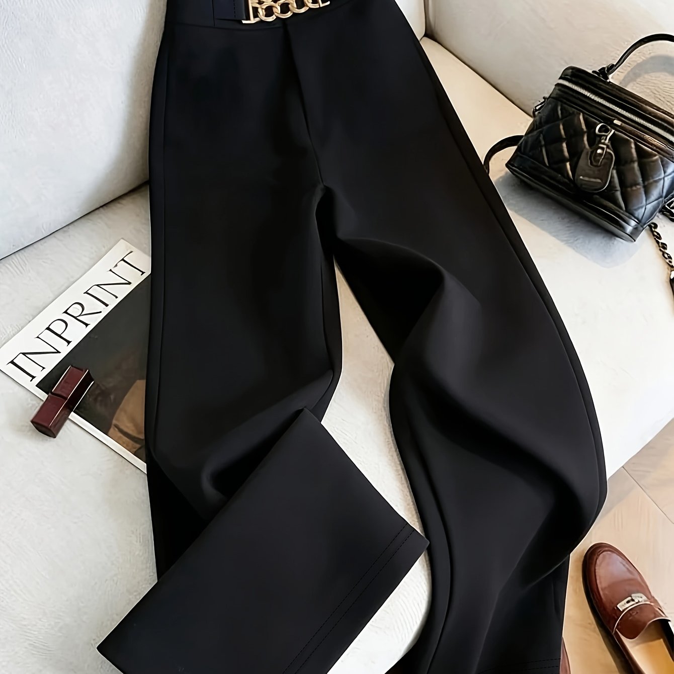 TEMU A Women's High-waist Wide-leg Pants With Decorative Metal Buttons, Stretchy Black Trousers, Elegant Office Business Attire, Black And Golden