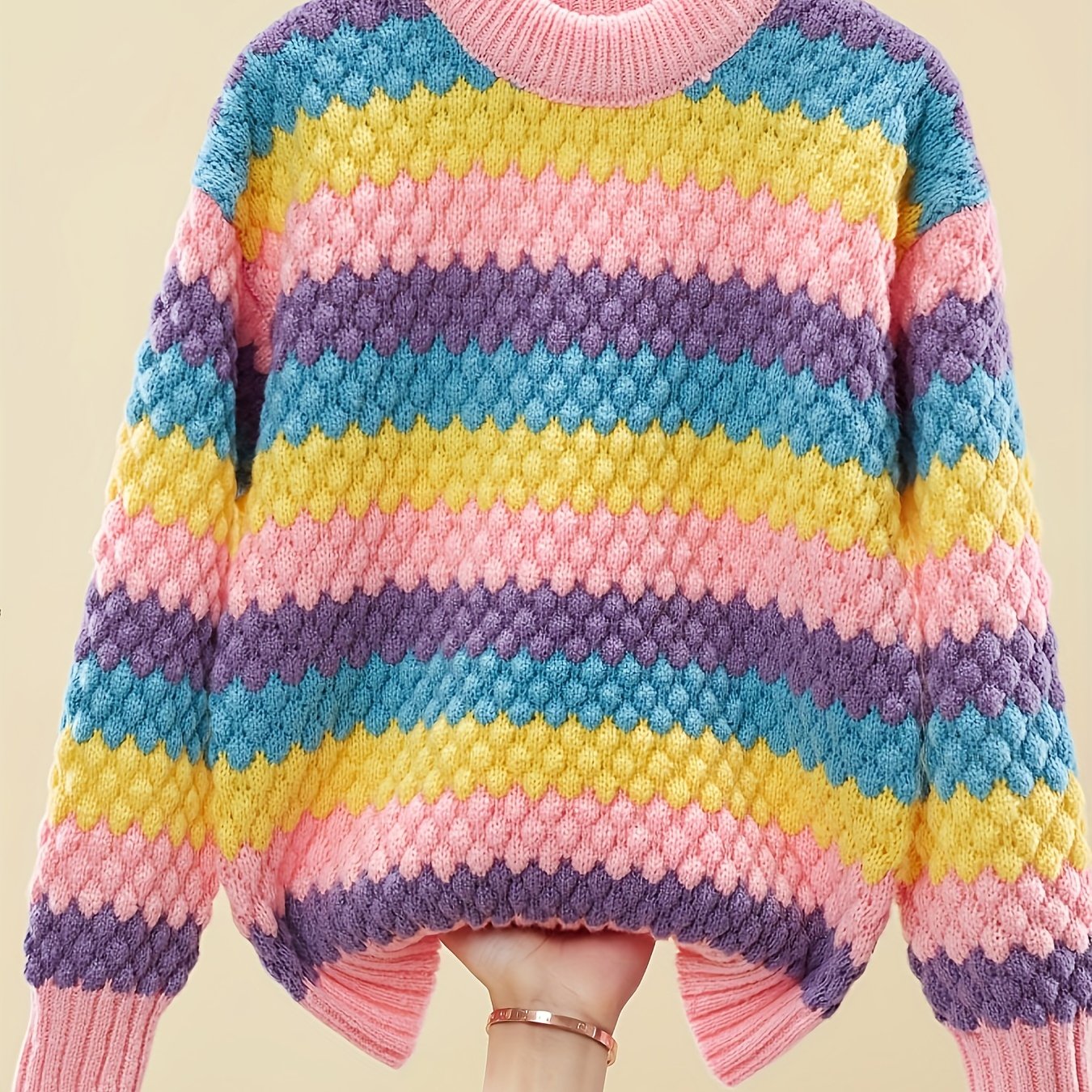 Striped Girls' Base Layer Sweater With A Round Neck And Rainbow Stripes, Warm Clothing, Fall And Winter Clothes