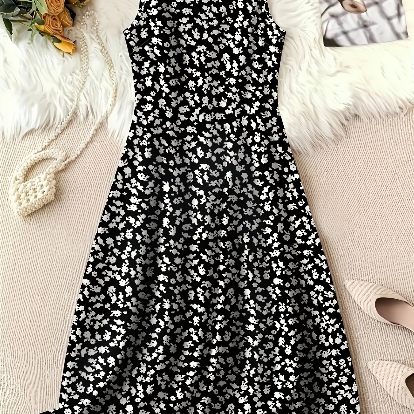 TEMU Plus Size, Large Women's Elegant Sleeveless Dress With Black And White Leopard Print Print Round Neck Dress
