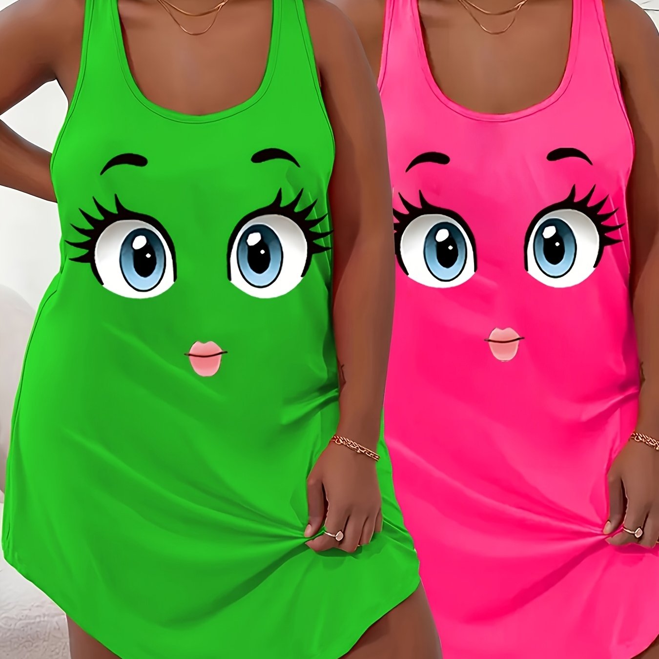 TEMU Women's 2pcs Cartoon Big- Long Eyelash Printed Backless Vest Nightgown, Loose Sleeveless Thin Home Sleepwear Wearable Outside