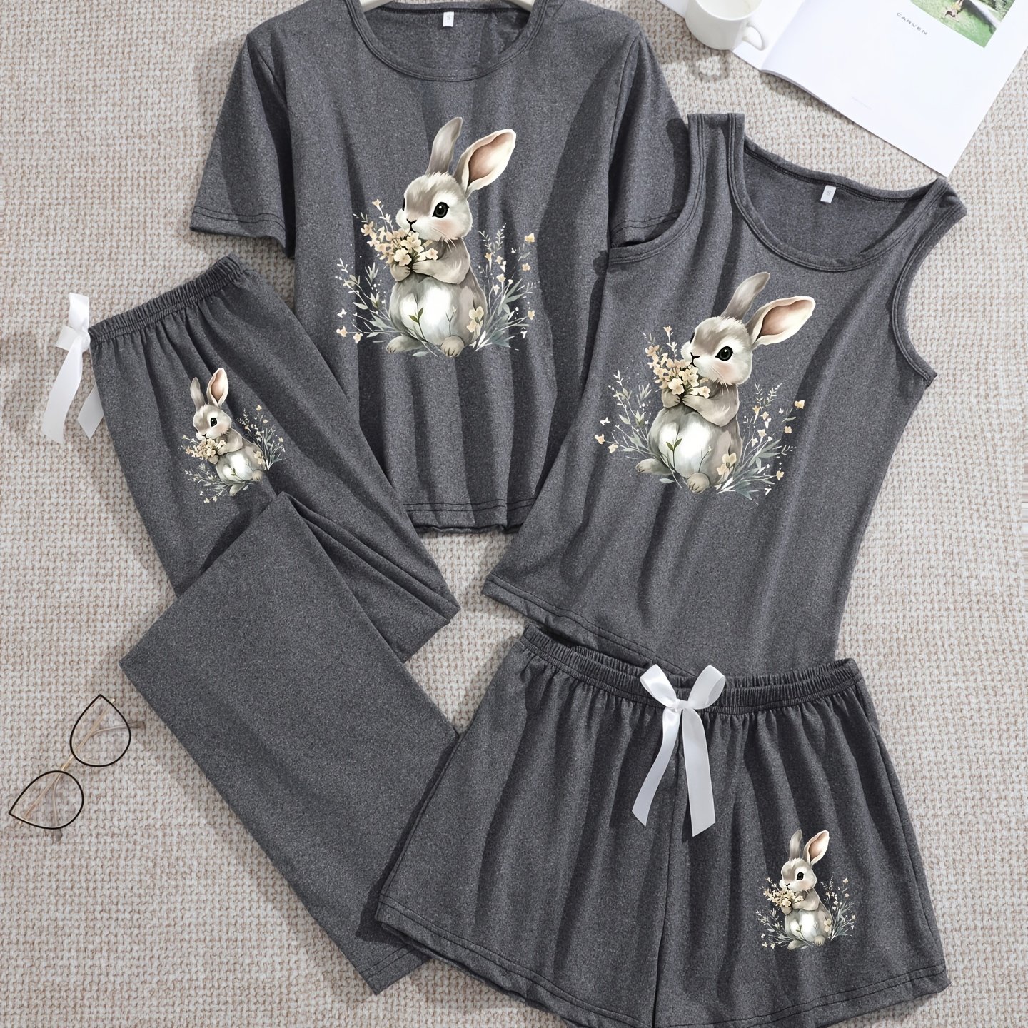 TEMU Cute Rabbit Pattern 4pcs Set: Women's Fashion Simple Suit Vest   Short Sleeves   Shorts   Trousers Fashionable And Comfortable Travel And