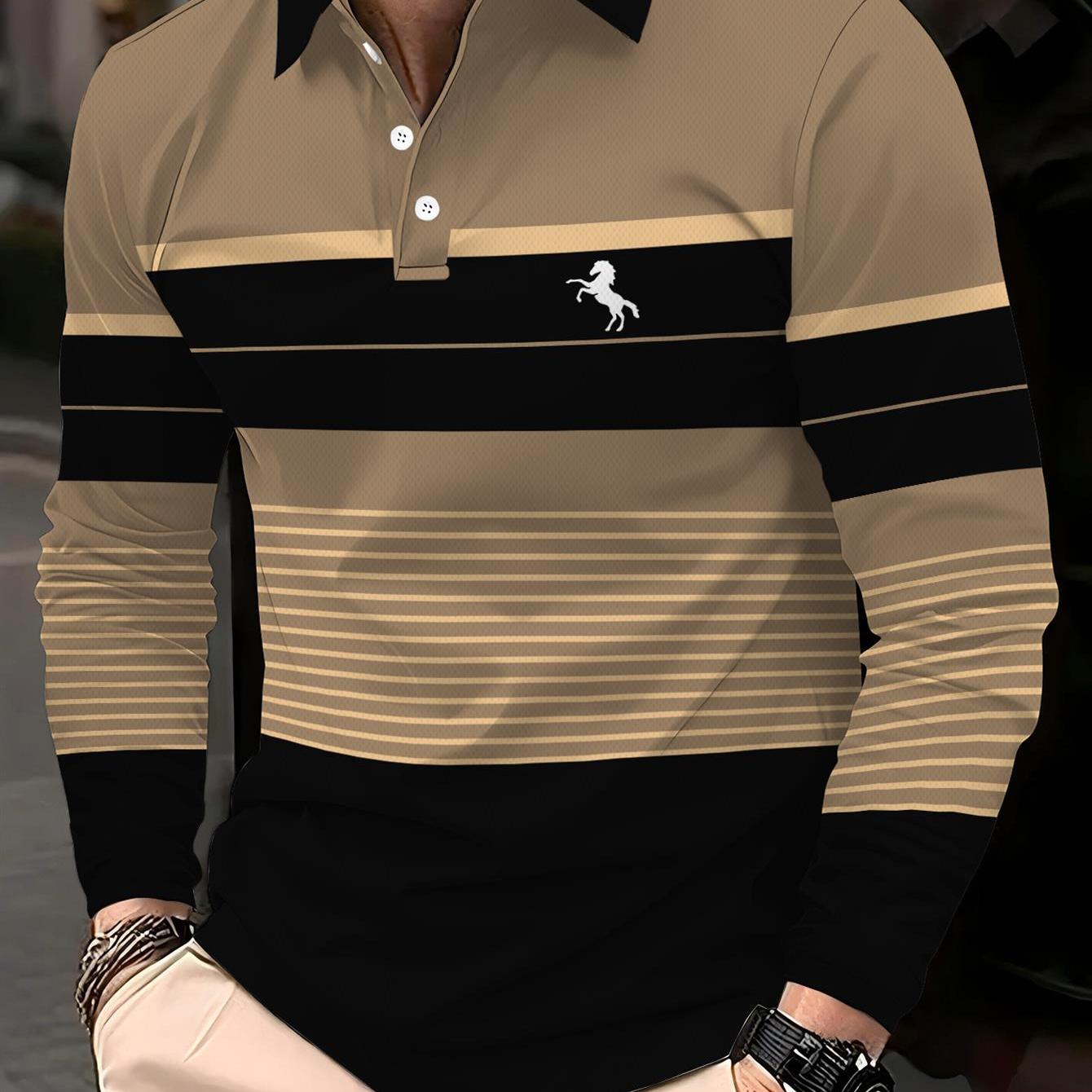 TEMU Men's Casual Long Sleeve Shirt Beige Black Striped With White Horse Print Business Casual Daily Wear Golf Office Party Spring Autumn Fashion Top