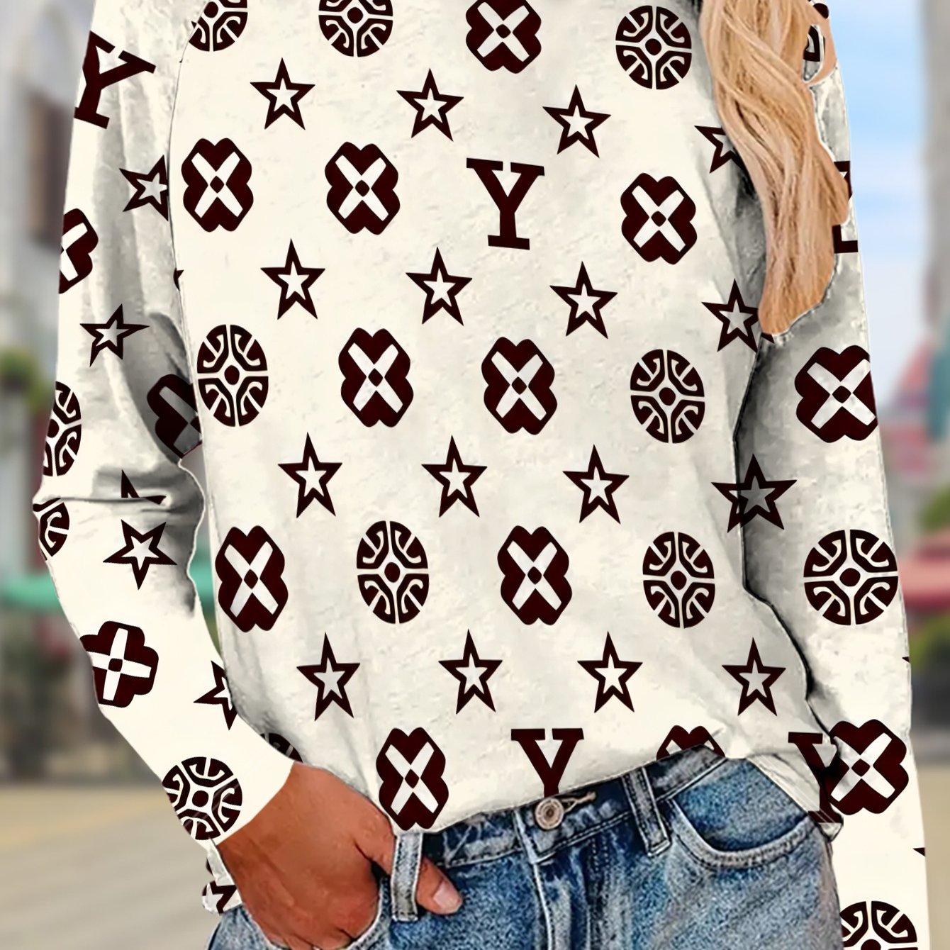 TEMU Women's Long Sleeve T-shirt With Multi-colored Dark Geometric Patterns - Fashionable Casual Top, Machine Washable Base Layer, Casual Wear