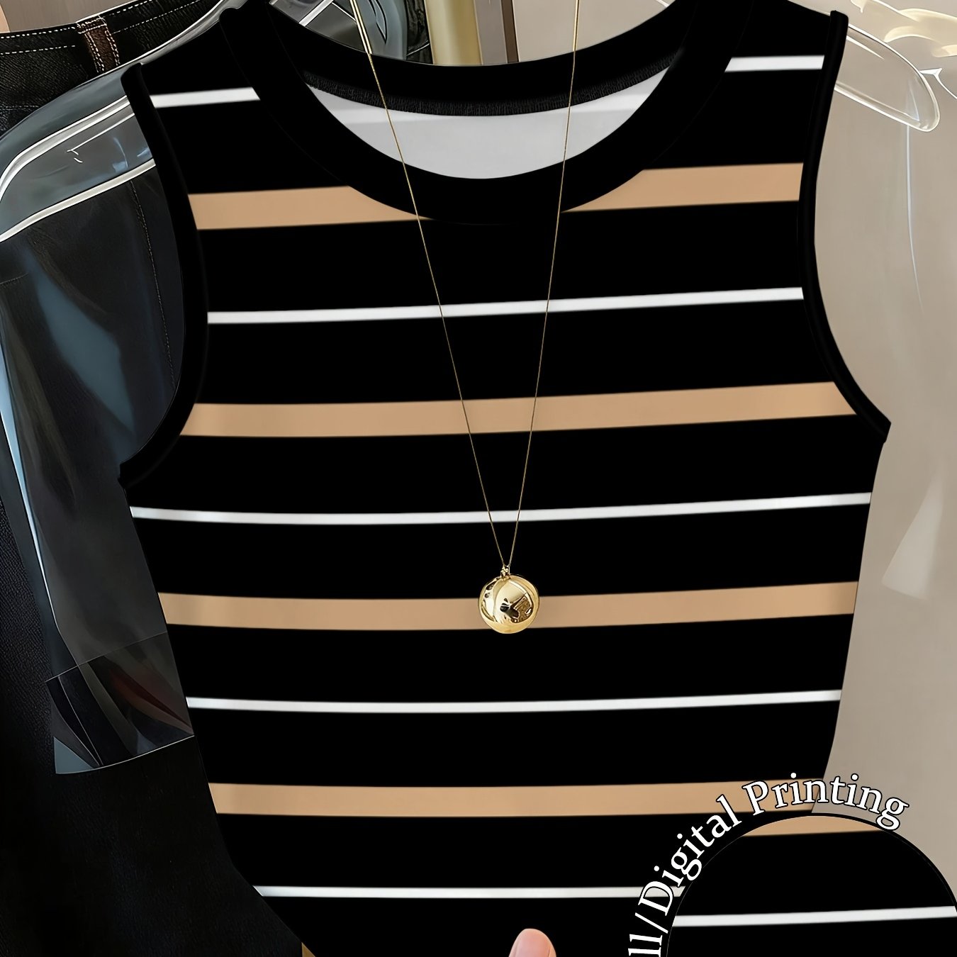 TEMU Stripes Y2k Spicy Neck Printed Tank Top, Slim-fit Sleeveless Top For Women