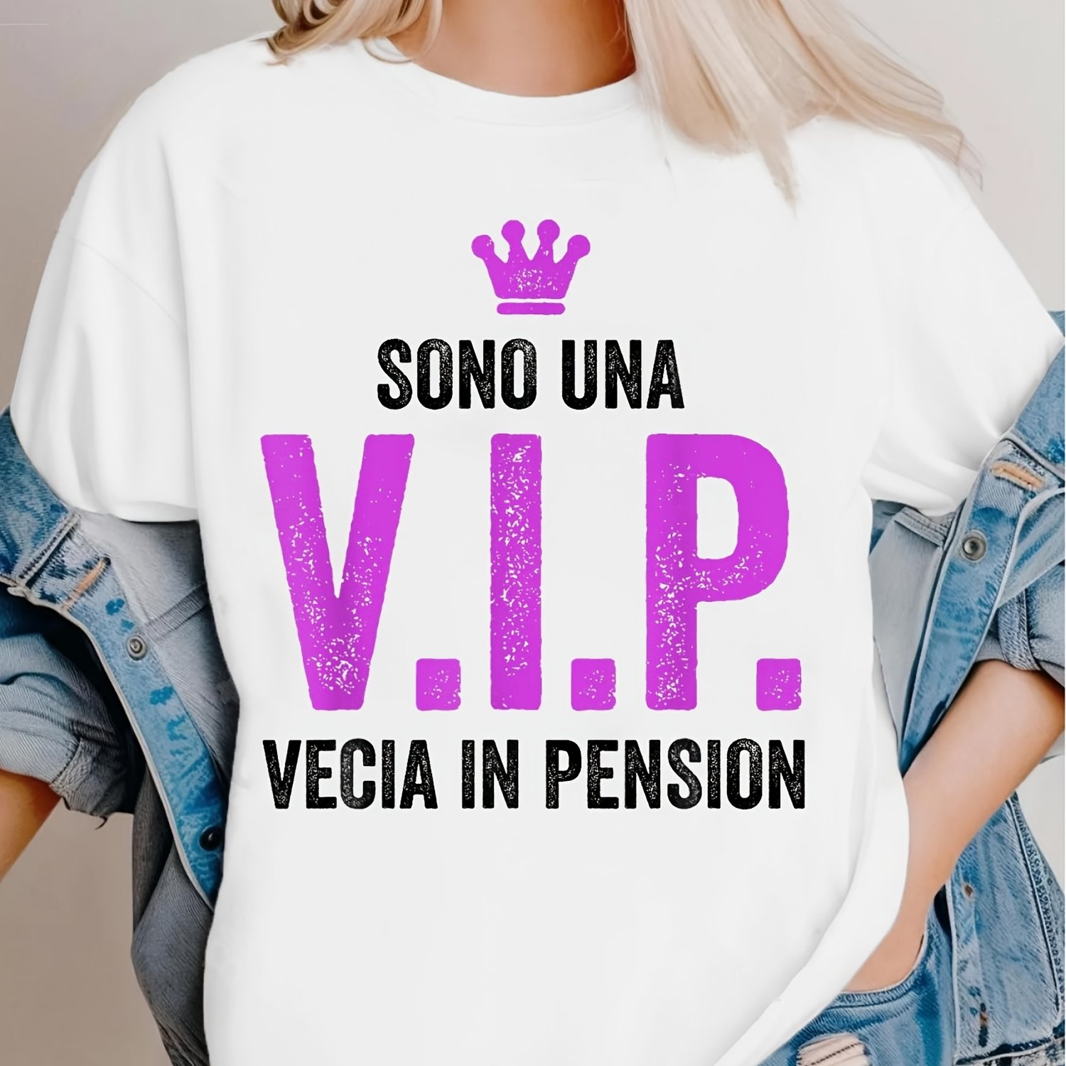 TEMU T-shirt da donna per pensionamento " Una VIP ( Pensione)" - italiana - con scritte rosa - 180gsm a maniche corte e - Regalo umoristico per nonna
