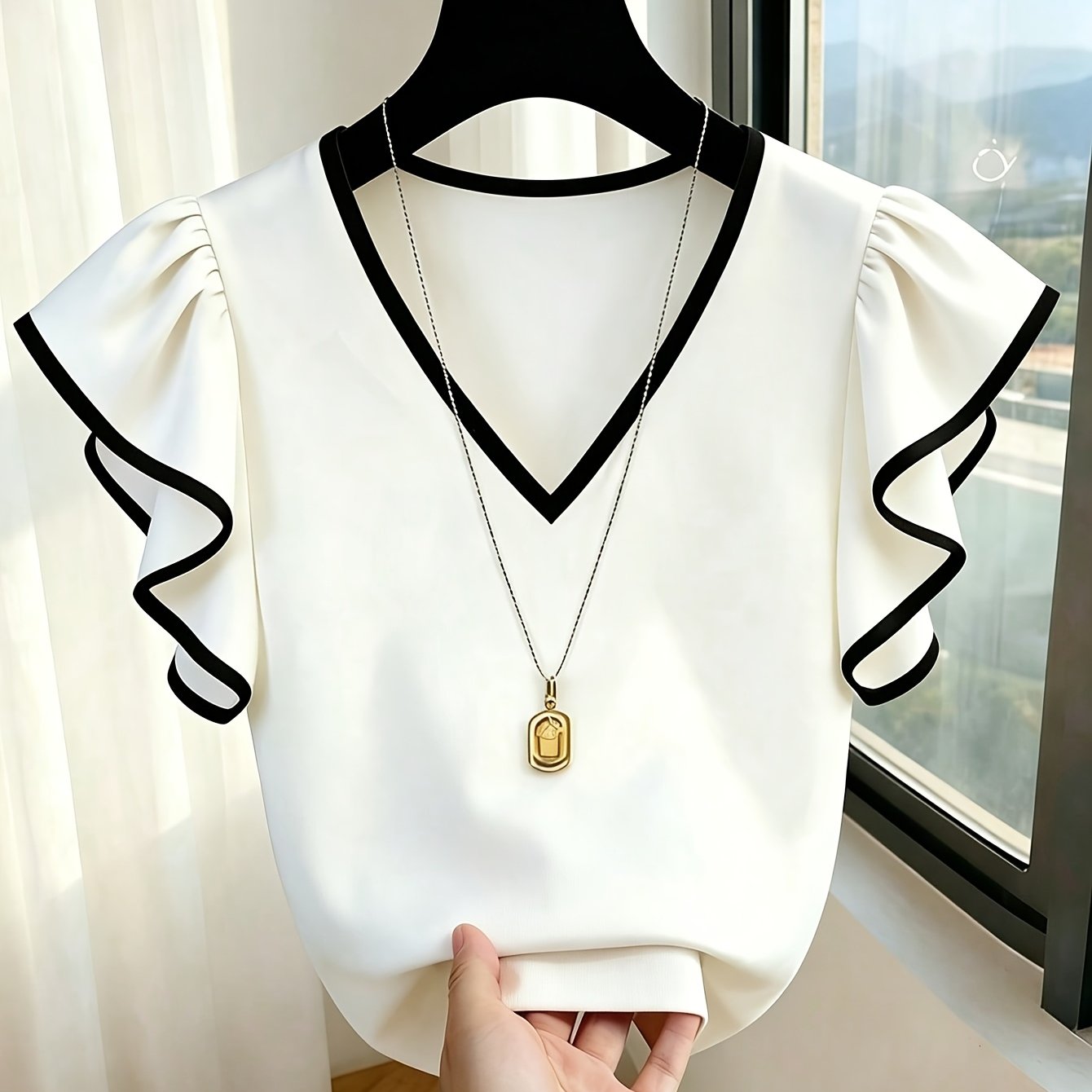 TEMU French Contrast Ribbon Waist Fly Sleeve Top