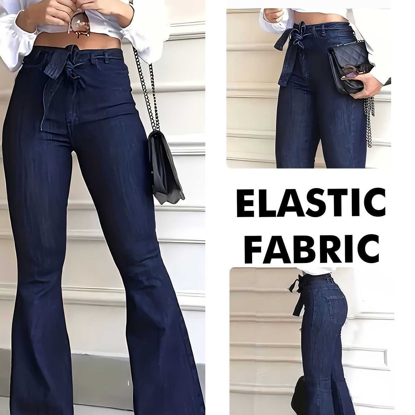 Women's Elegant Style High-waist Belted Stretch Casual Outing, Solid Color Flared Trousers With Belt Denim Jeans