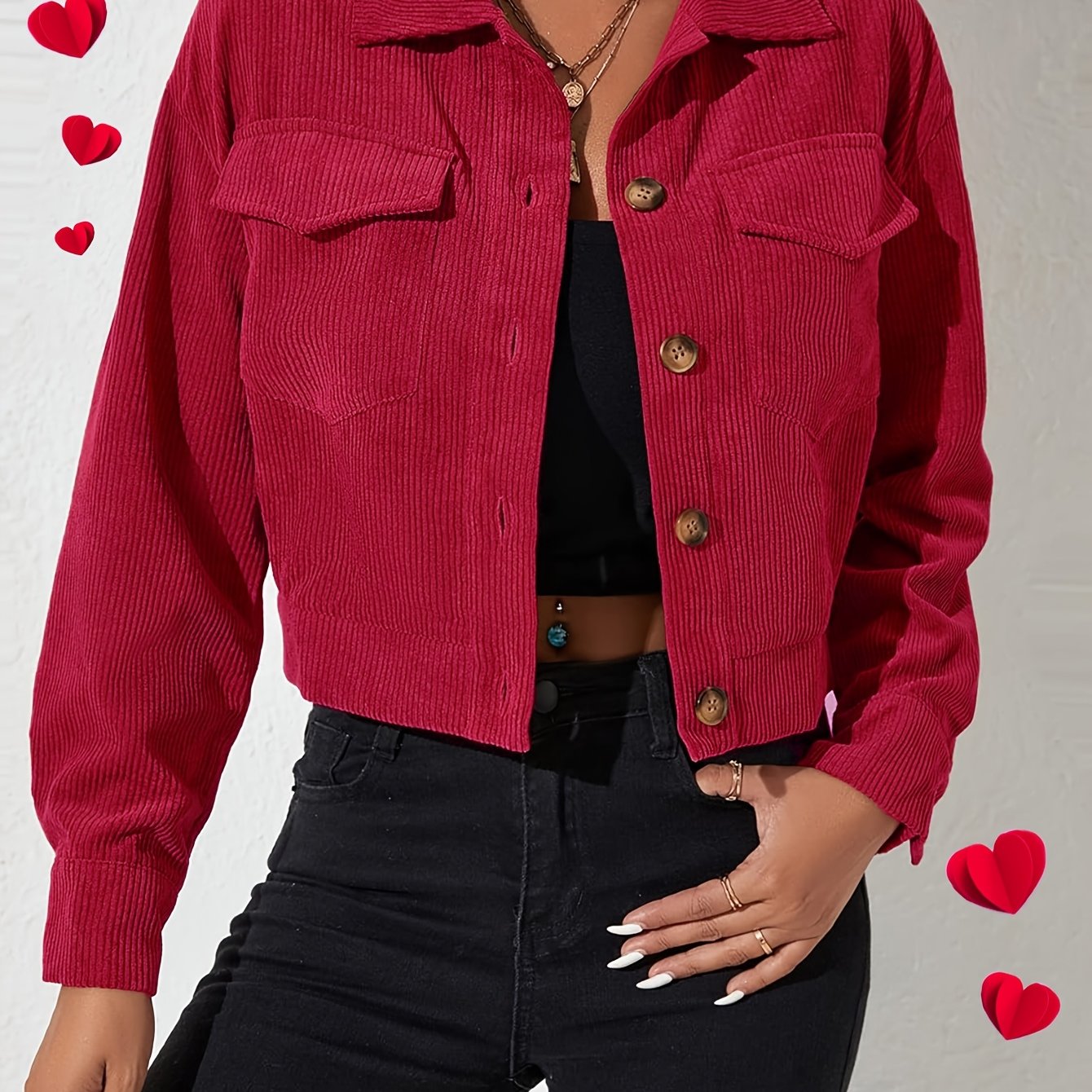 E-shop Stilvolle Damenjacke – Neuheit zum Valentinstag, Trendiges Damenoutfit, Uni-Farben Cordjacke mit Kragen, Langarm-Mantel, Casual Jacke. Ideal für