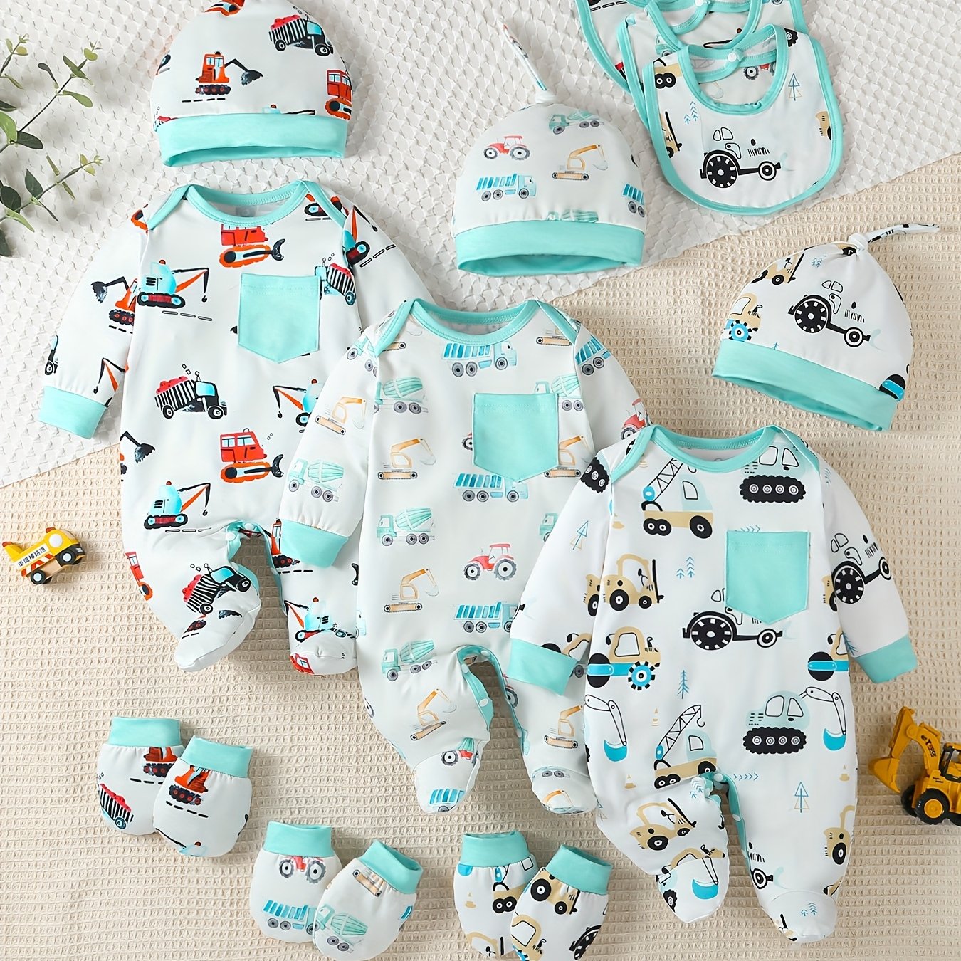 TEMU 15pcs Newborn & Long Sleeve Footed Bodysuits, Full Print Cartoon Cars, Engineering Vehicles, Excavators Pattern, Front Mid-, Bottom Open With