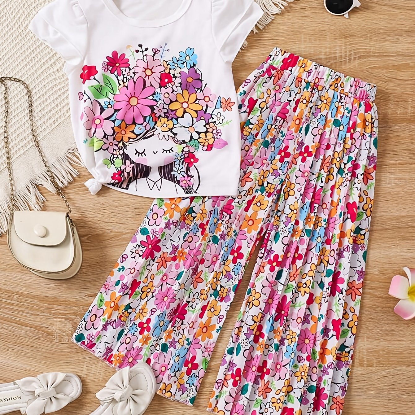 Young Girl Cartoon Print Round Neck Cap Sleeve Top And Floral Print Wide Leg Pants 2pcs Casual Set, For Outdoor