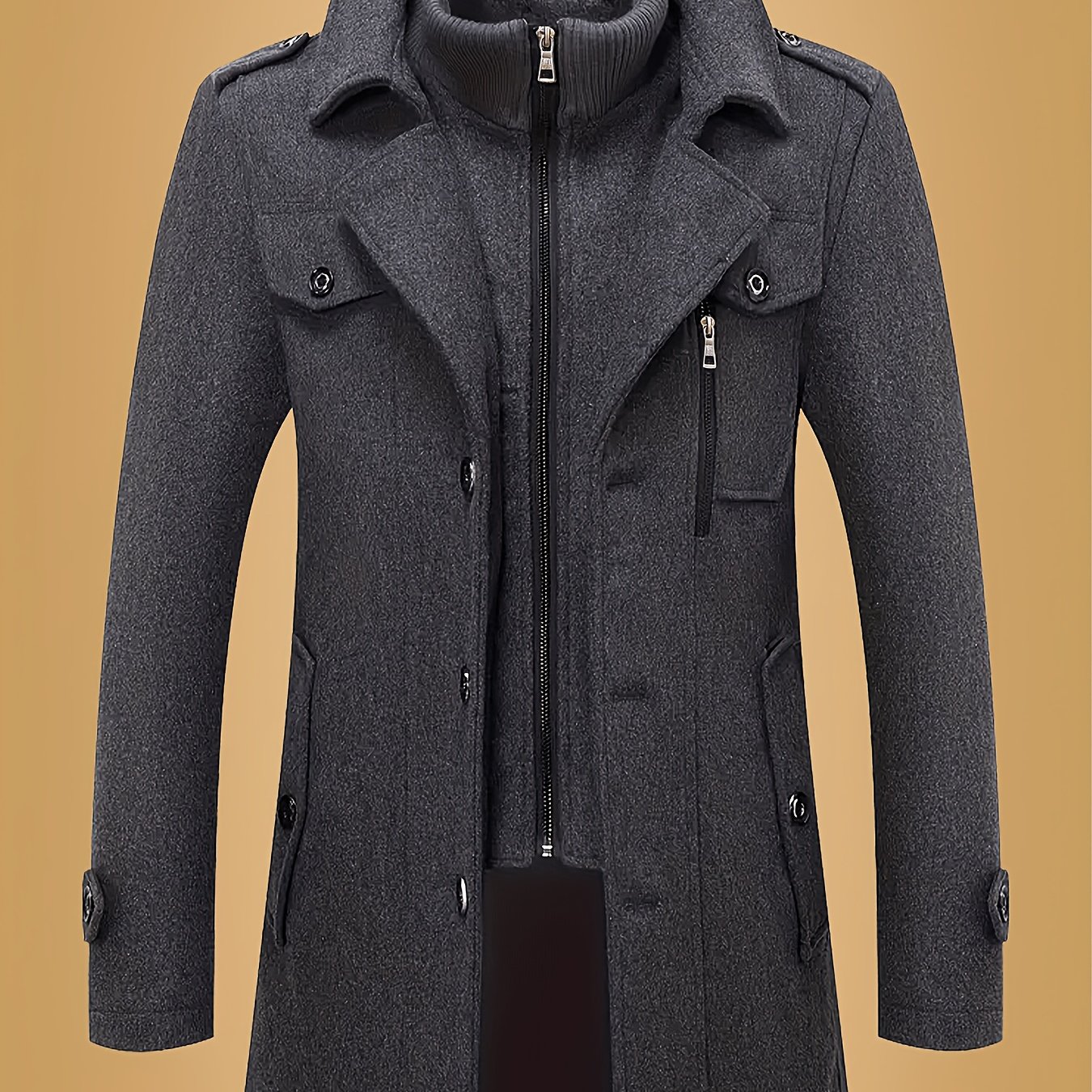 Image of Men's Slim Fit Tweed Coat - Double-breasted Notch Lapel, Long Sleeve, Solid Black, Perfect For Business Or Casual Wear, Fall/winter Outerwear, Design