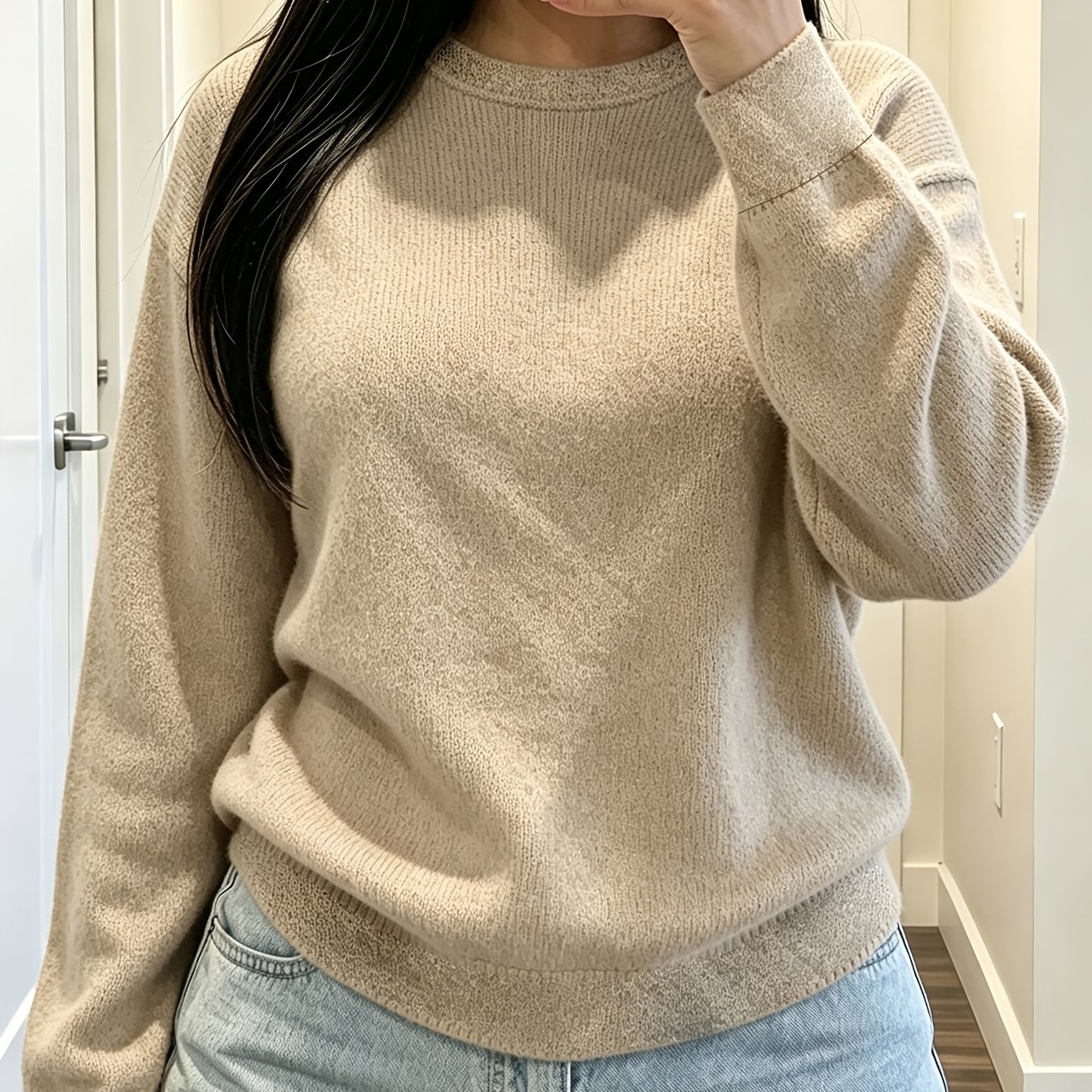 TEMU Pull polyvalent de couleur unie, haut décontracté style à col ras du cou et manches longues, tissu en , disponible en plusieurs couleurs et
