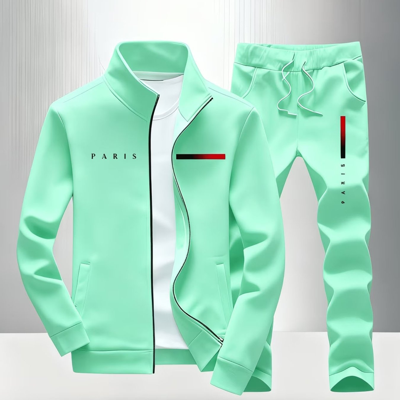 Men's Stylish Casual Outfit Featuring A Full Zip Jacket With A Gradient Stripe Print And Matching Jogger Pants, Perfect For Street Style And Sportswear