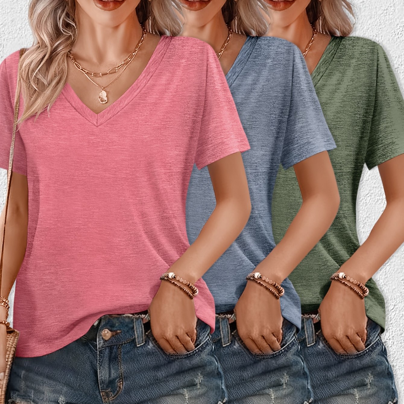 TEMU 3pcs 3pcs V-neck Short Sleeve T-shirts - Solid Color Basic Layering Tees, Medium Stretch Suitable For - Wear, Machine Washable Blouse-compatible
