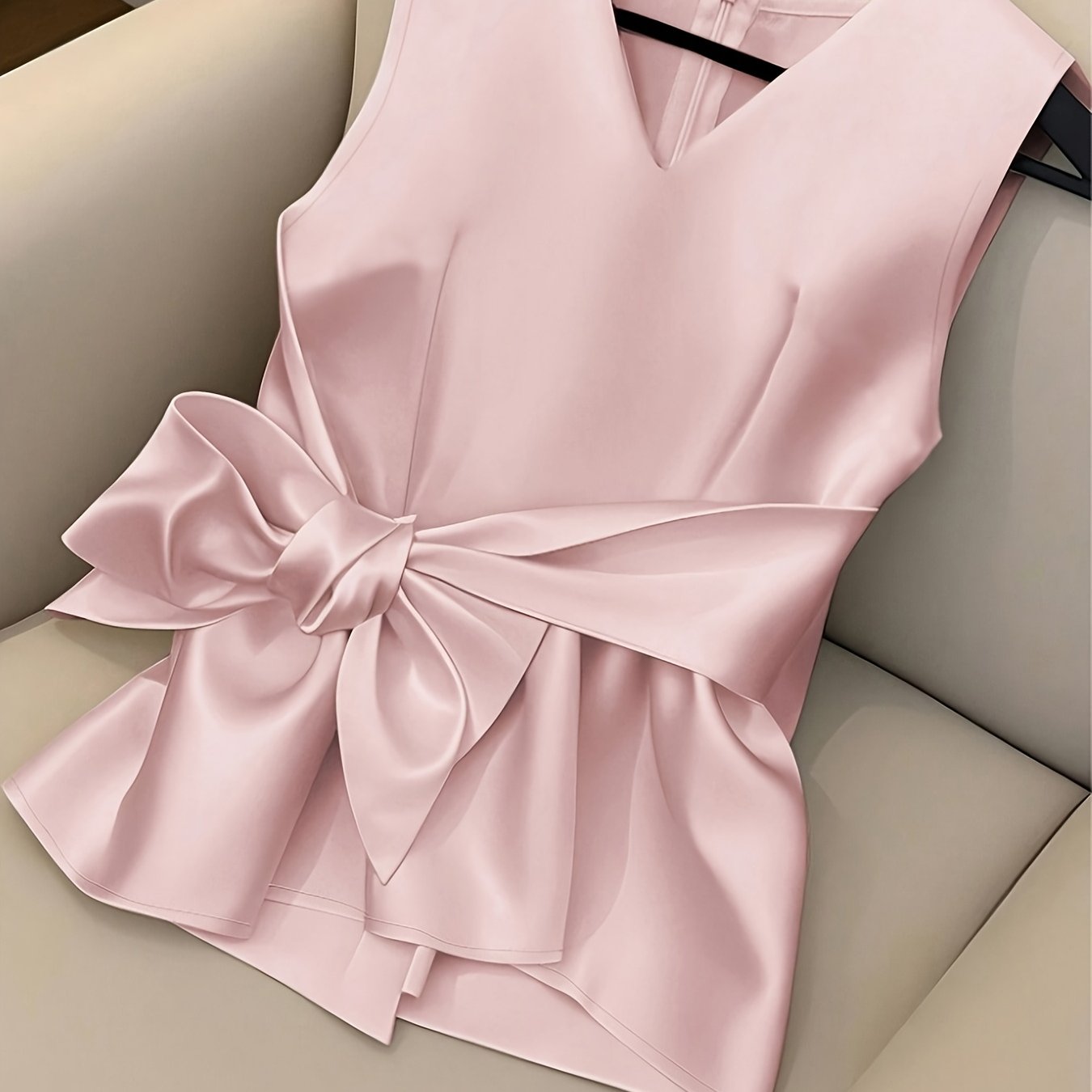 TEMU [development Zd251208013] Women's Fashionable And Elegant V-neck Sleeveless Waist-cinching Bow-decorated Simple Solid Top