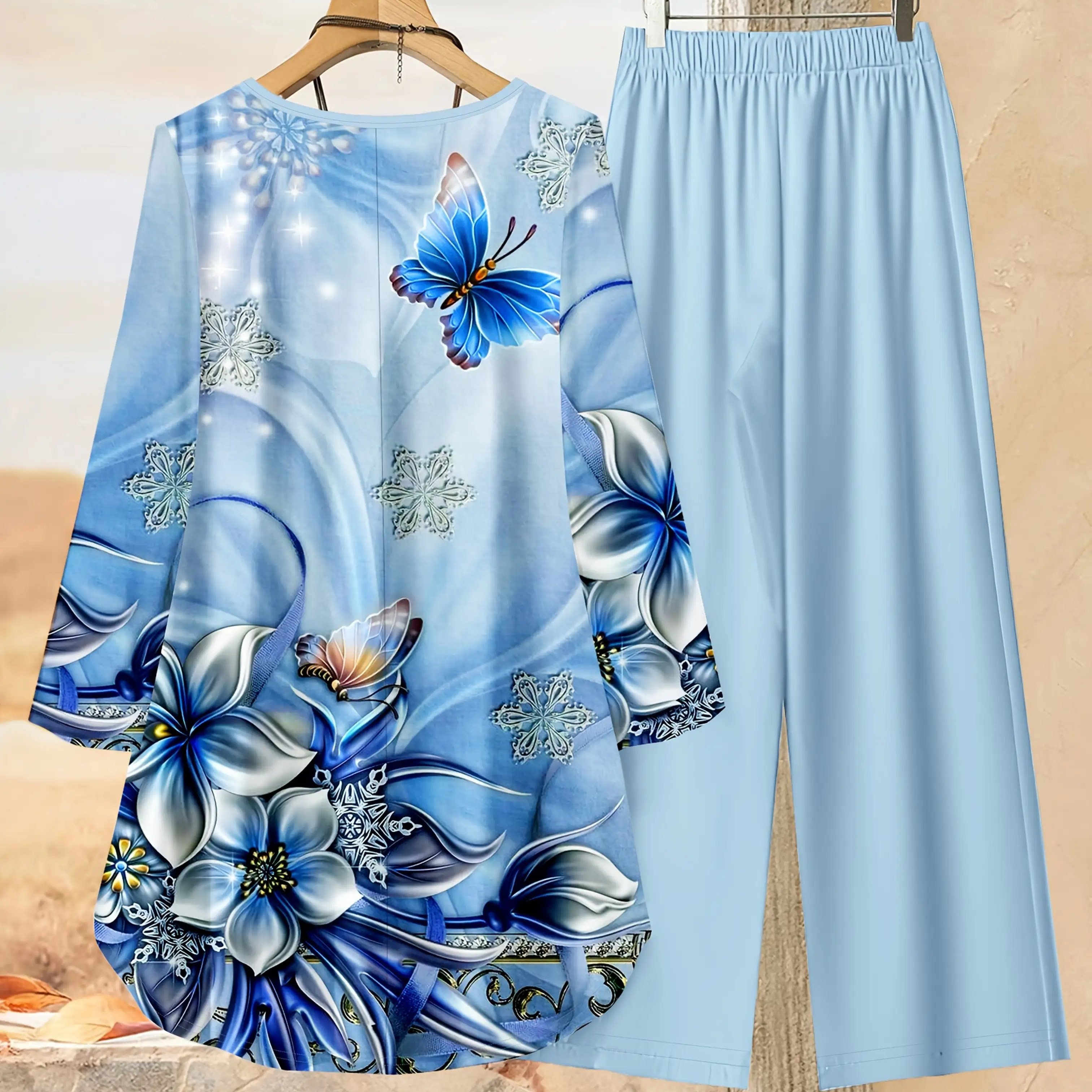 Women's Casual Outdoor Set Featuring A Cool Printed Round Neck Long Sleeve Top With An Irregular Hem And Matching Pants Made Of