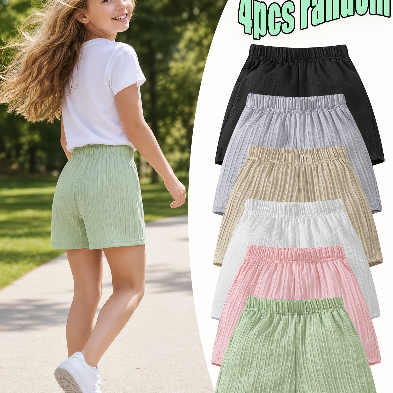 Image of 4pcs Random, Girls' Summer Textured Pleated Shorts, Loose Fit, Comfortable For Running And Jumping, Suitable For School, Home, And Vacation, For Outdoor