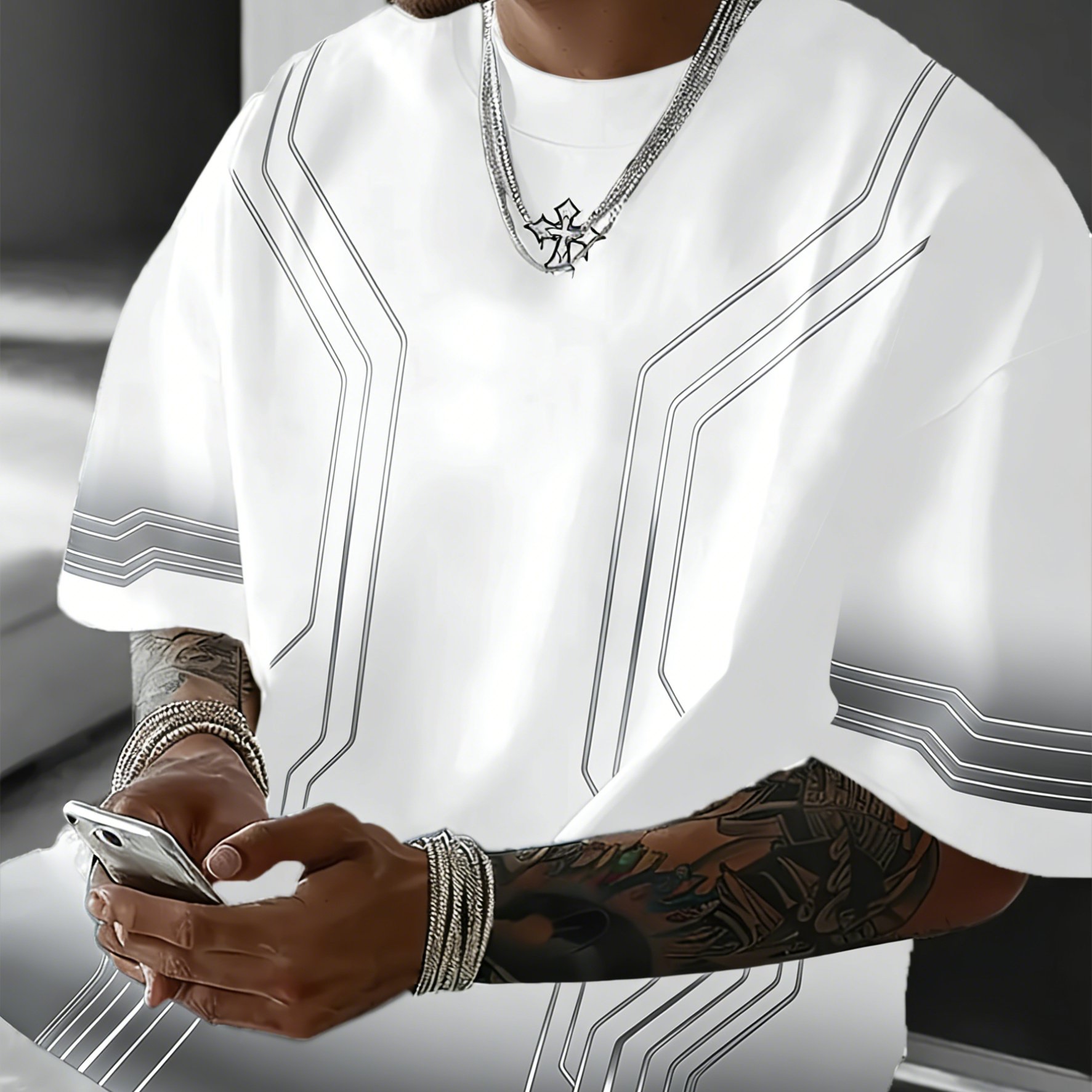 TEMU Men's Summer White Short-sleeve T-shirt With Geometric , Cyberpunk , Trendy Men's Apparel, Plus Size