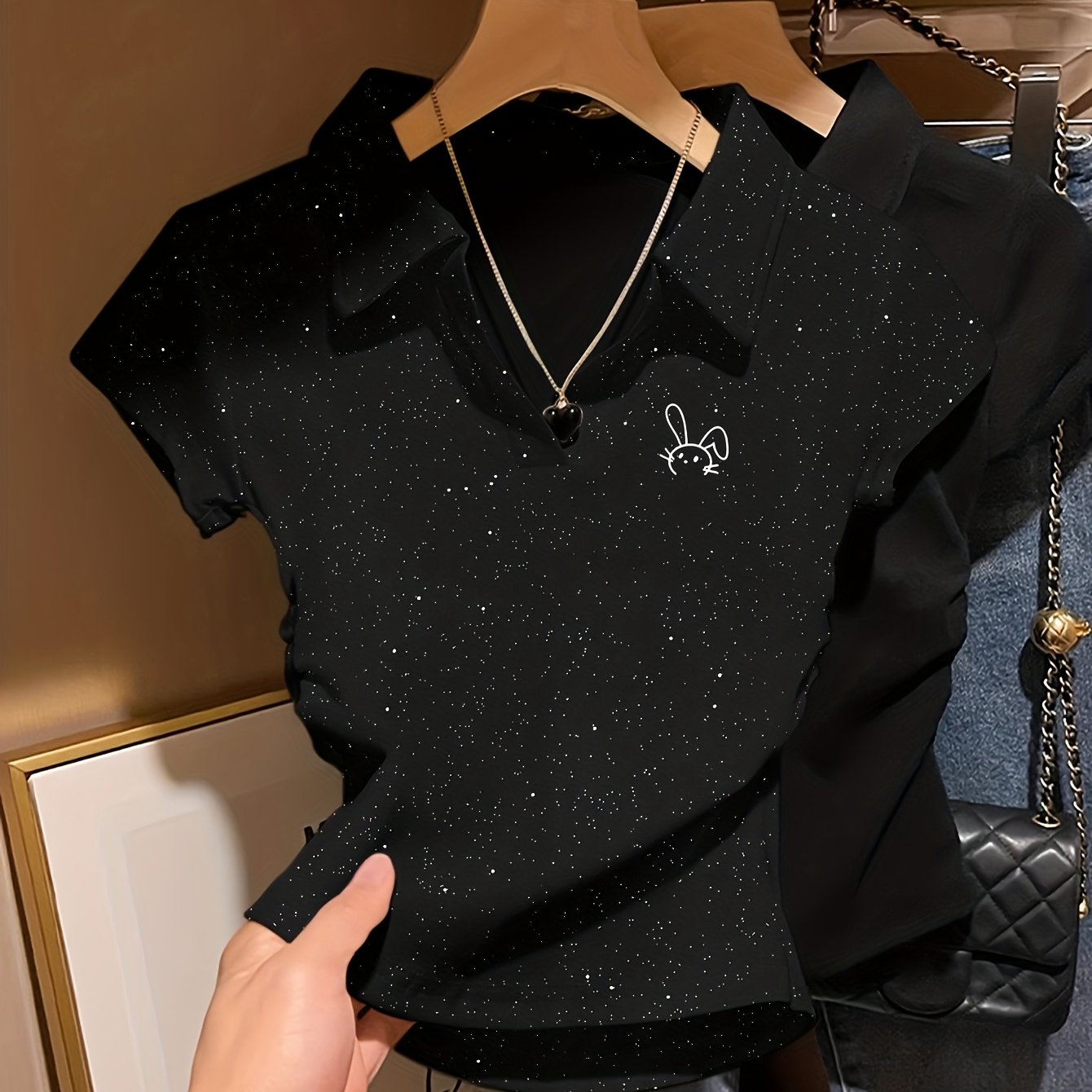 TEMU Fashionable And Trendy Slim-fit Pleated Collar Short-sleeve Top, Silvery Sequin-embellished Fabric, Featuring A And Cute Cartoon For A Sweet And