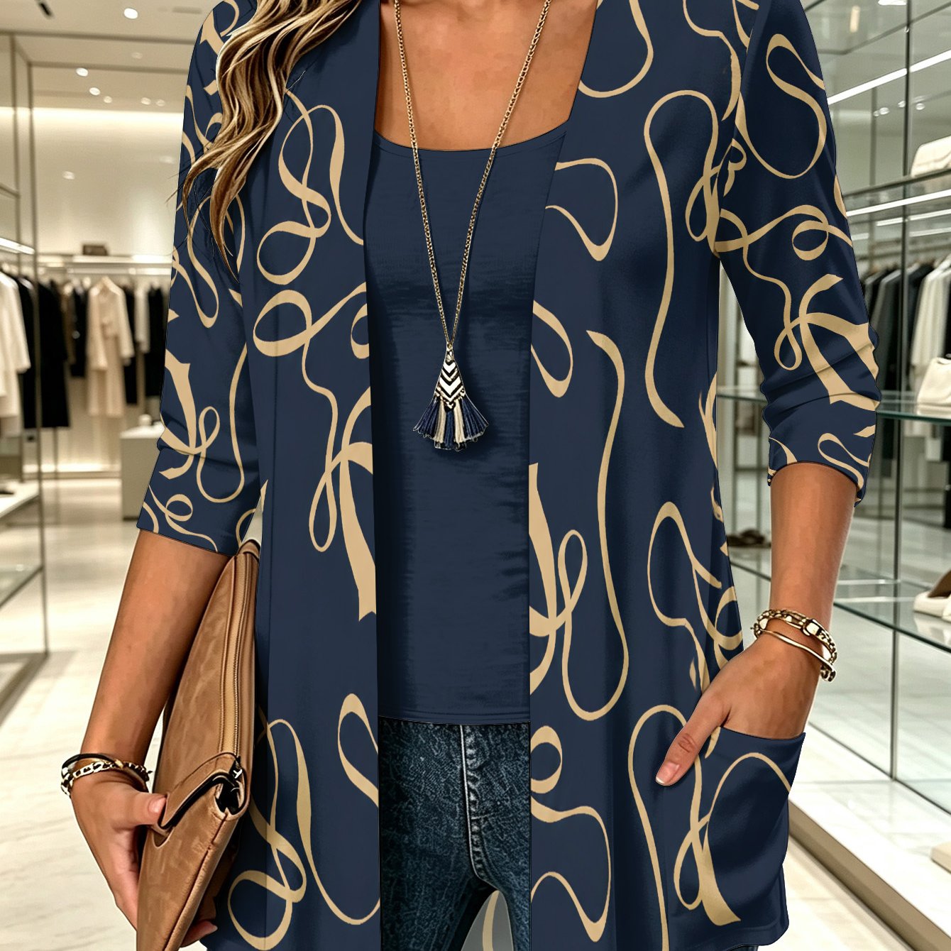 TEMU Plus Size, European And Size Spring/autumn Elegant Abstract Print Date And Party Loose Fit 2pcs Set With Vest And Cardigan