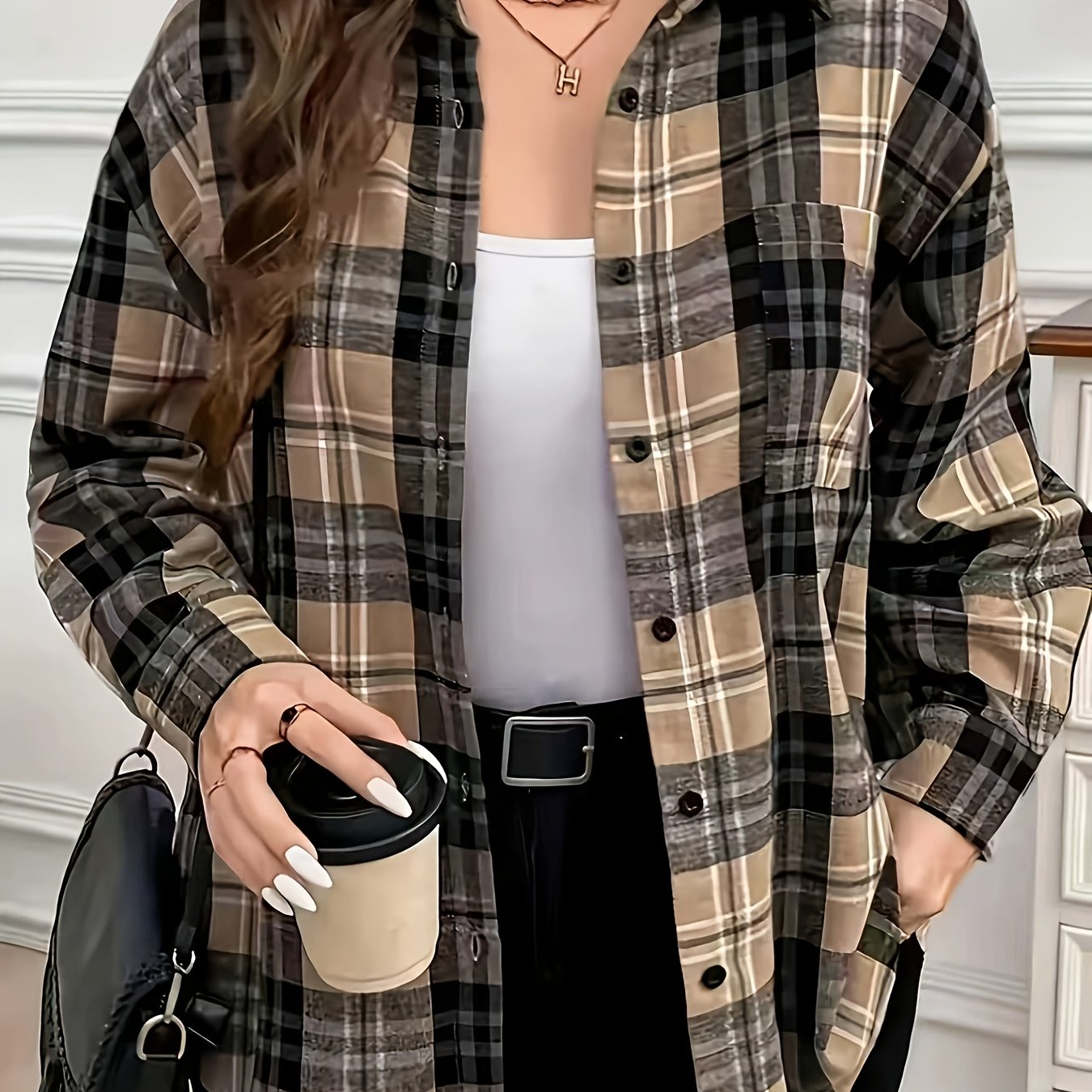 TEMU Checkered Button-up Women's Shirt, Loose Casual Long Sleeve Top Jacket