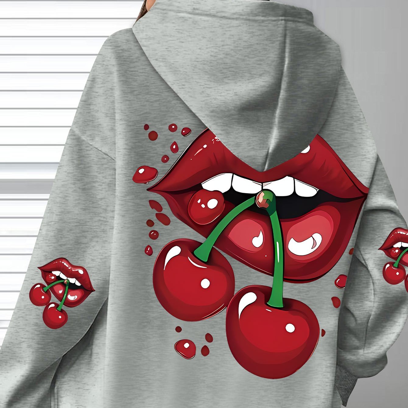 Image of Directional - Popular Cherry Print Hoodie With Red Lips - Soft, Casual Long-sleeve , Comfortable Everyday Wear For Women