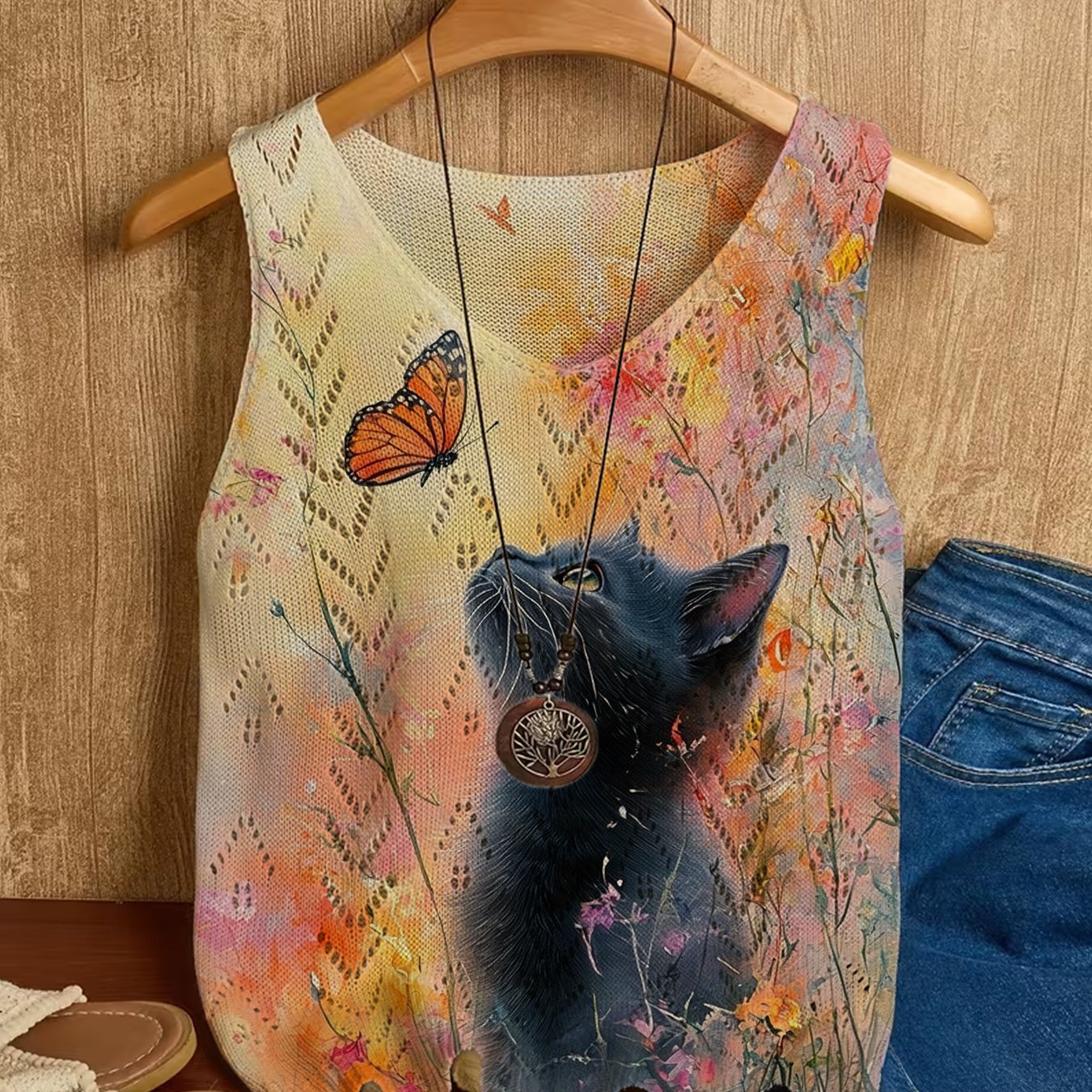 TEMU [2d Digital Printing] Women's Spring/summer Sleeveless Tank Top With Kitten Print, Early Spring Hollow-out Versatile Regular V-neck Inner Tank
