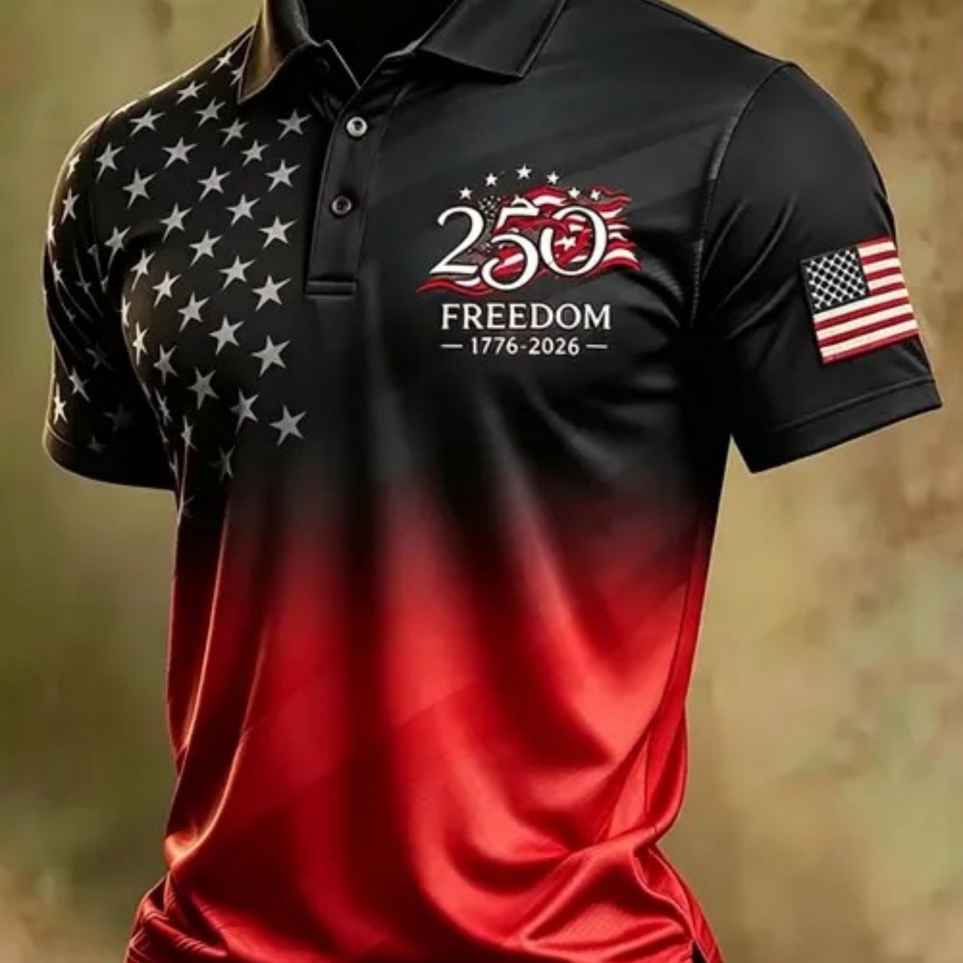 Men's Patriotic 250th Usa Shirt Black Red Ombre Gradient Fabric, Left Shoulder Graphic, 1776-2026 Anniversary Print Sport Golf Tee