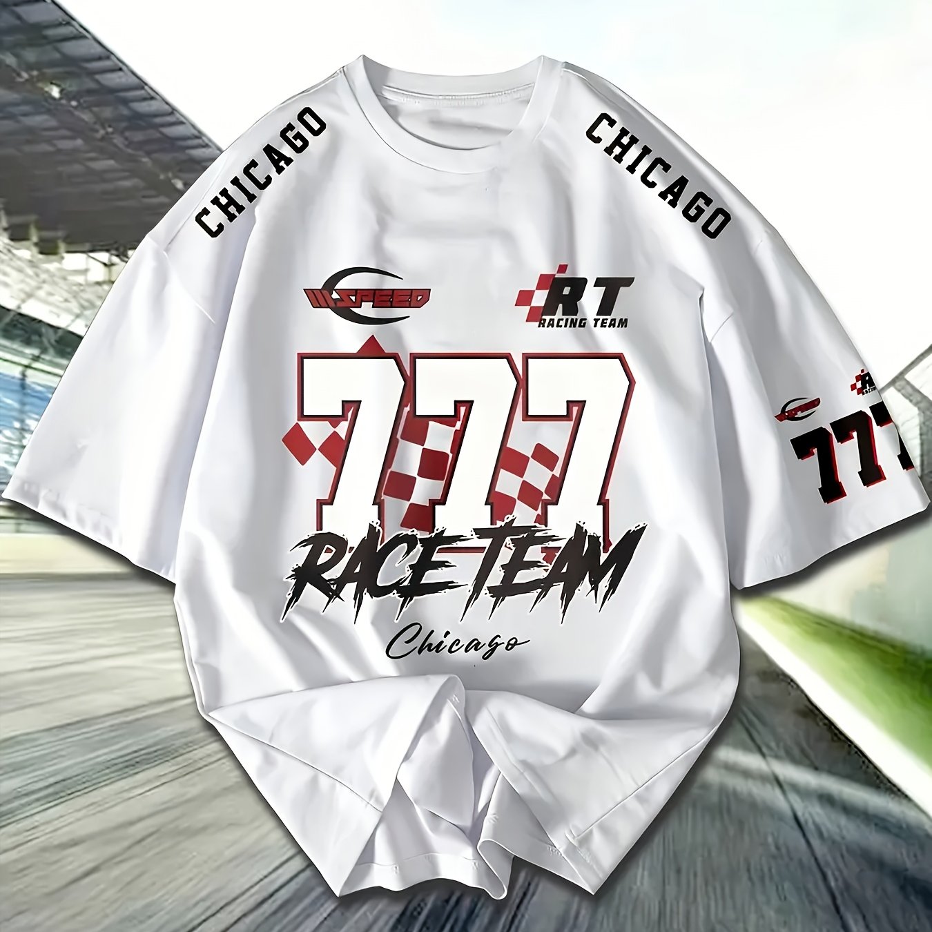 TEMU Plus Size Men's Racing Icon 777 Number Pattern T-shirt - Casual Streetwear, Athletic Breathable, Round Neck Short Sleeve, Summer Fashion Top,
