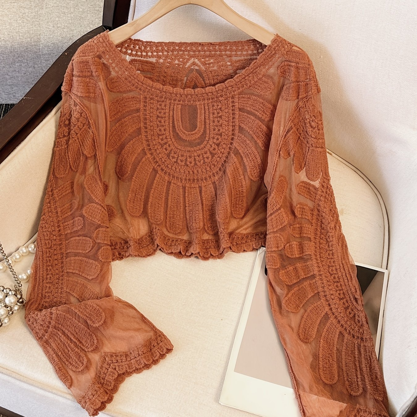 E-shop Bohemian-Stil Häkel-Auschnitt Besticktes Kurzarm Damen Sommer Rundhals Langarm Casual Pullover