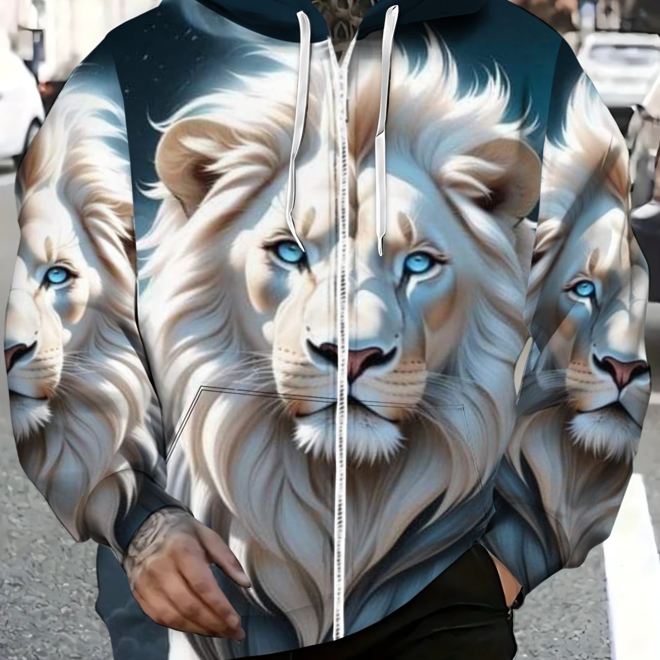 TEMU Men's Lightweight Polyester Hoodie With Lion Print, Perfect For Casual Wear And Outdoor Activities, Durable And Comfortable Design In Black And