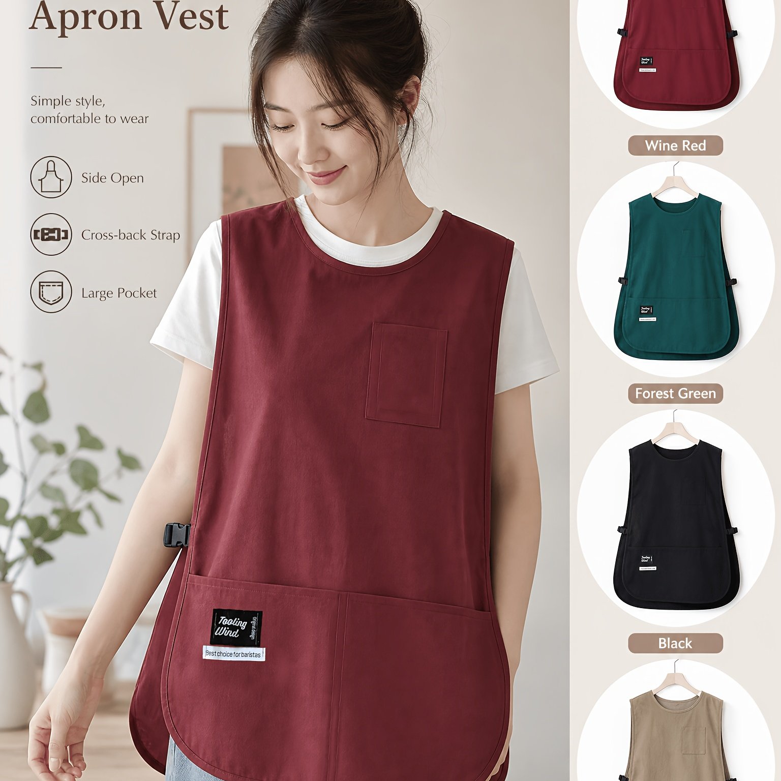 TEMU Adjustable Cross-back Sleeveless Bib Apron With -line Hem & - Loose Fit Solid Color Suitable For Cooking, Baking, Cleaning,, Crafting - Machine
