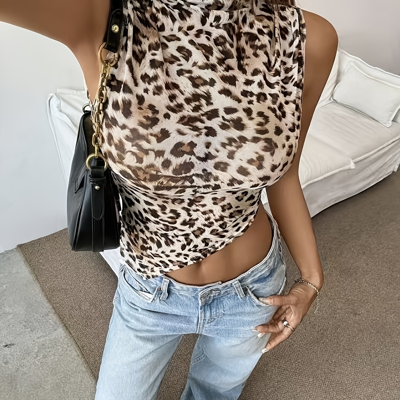 TEMU Women's Fashionable Sexy Leopard Print Funnel Neck Asymmetrical Hem Mesh Print Vest, Suitable For Shopping Outfits And Casual