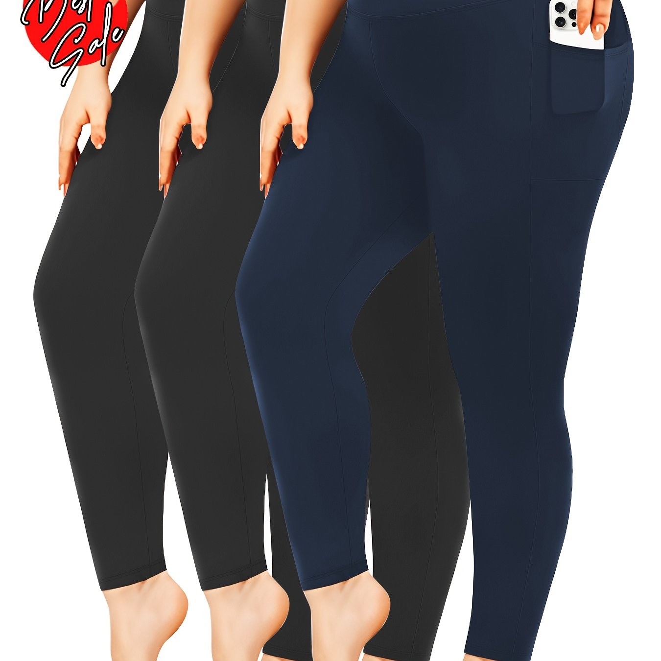 Plus Size - Set Of 3 - Plus Size 9-point High-waisted Pants With Side Pockets - And Summer Style, High Waist For Tummy Control, Suitable For, Workouts, And, Without Being Tight, A