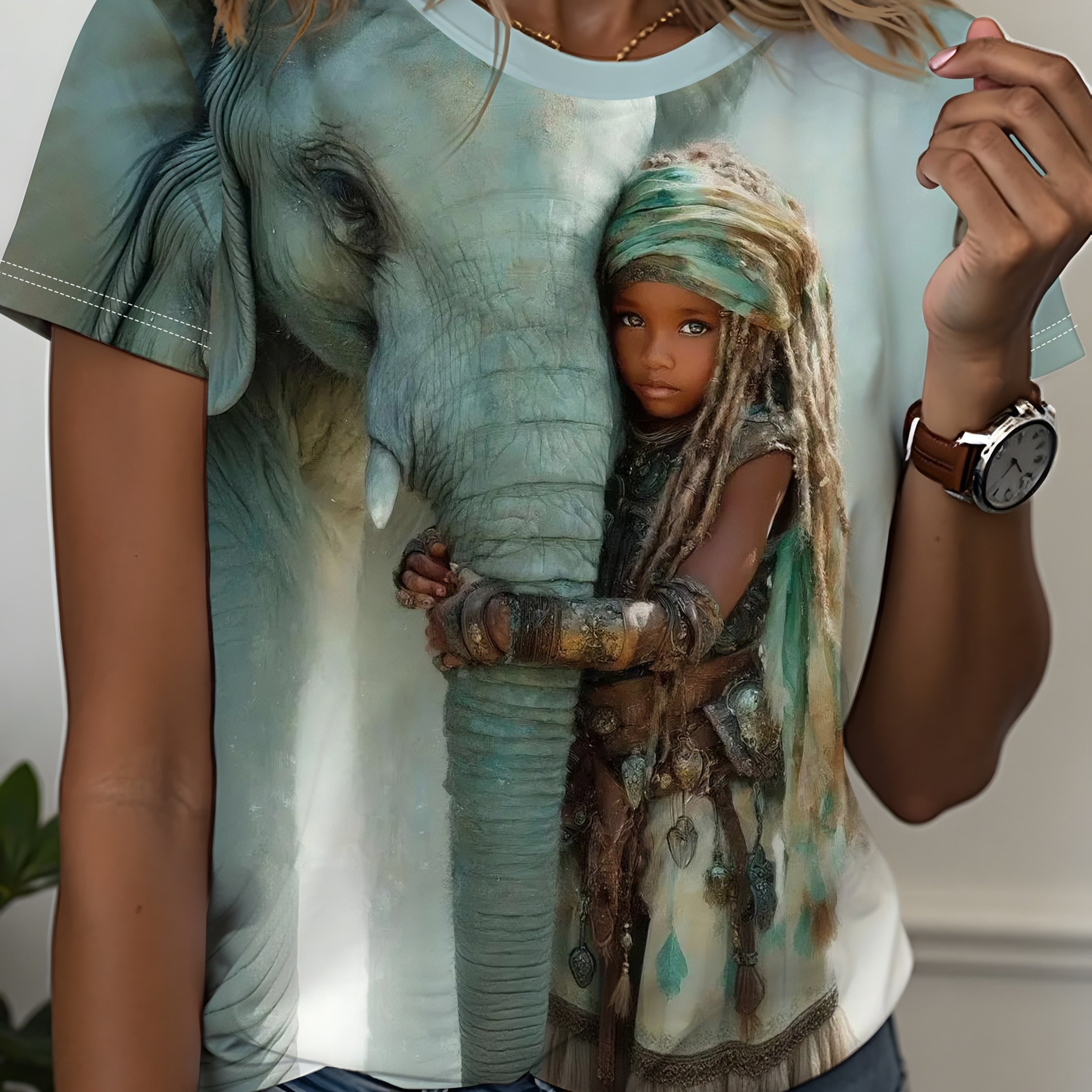 TEMU Women's Bohemian Elephant Print T-shirt - Short-sleeve Round Neck Suitable For Spring Summer Fall, Machine Washable Casual Top With Exotic &