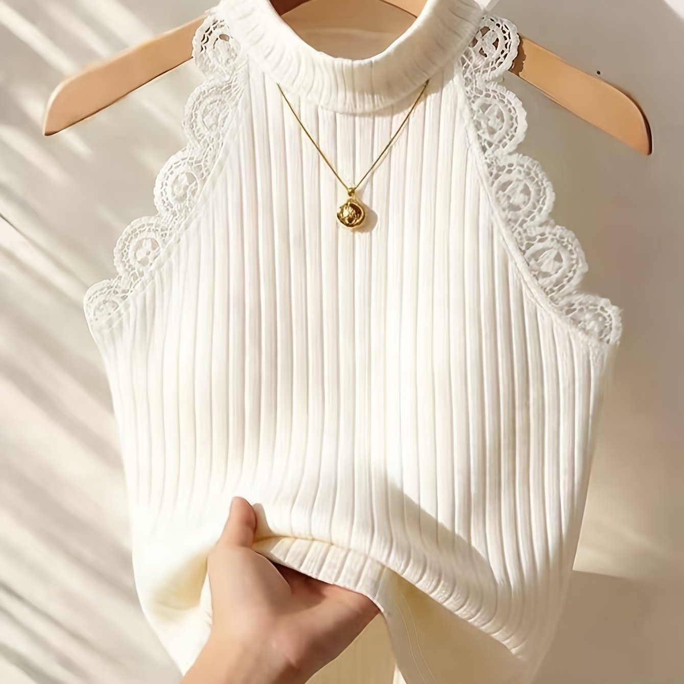 TEMU Women's Y2k Solid Color Lace Sleeveless T-shirt Top - Stand Collar Style Shirt, Machine Washable Stretchy Top Suitable For - Layering & Casual