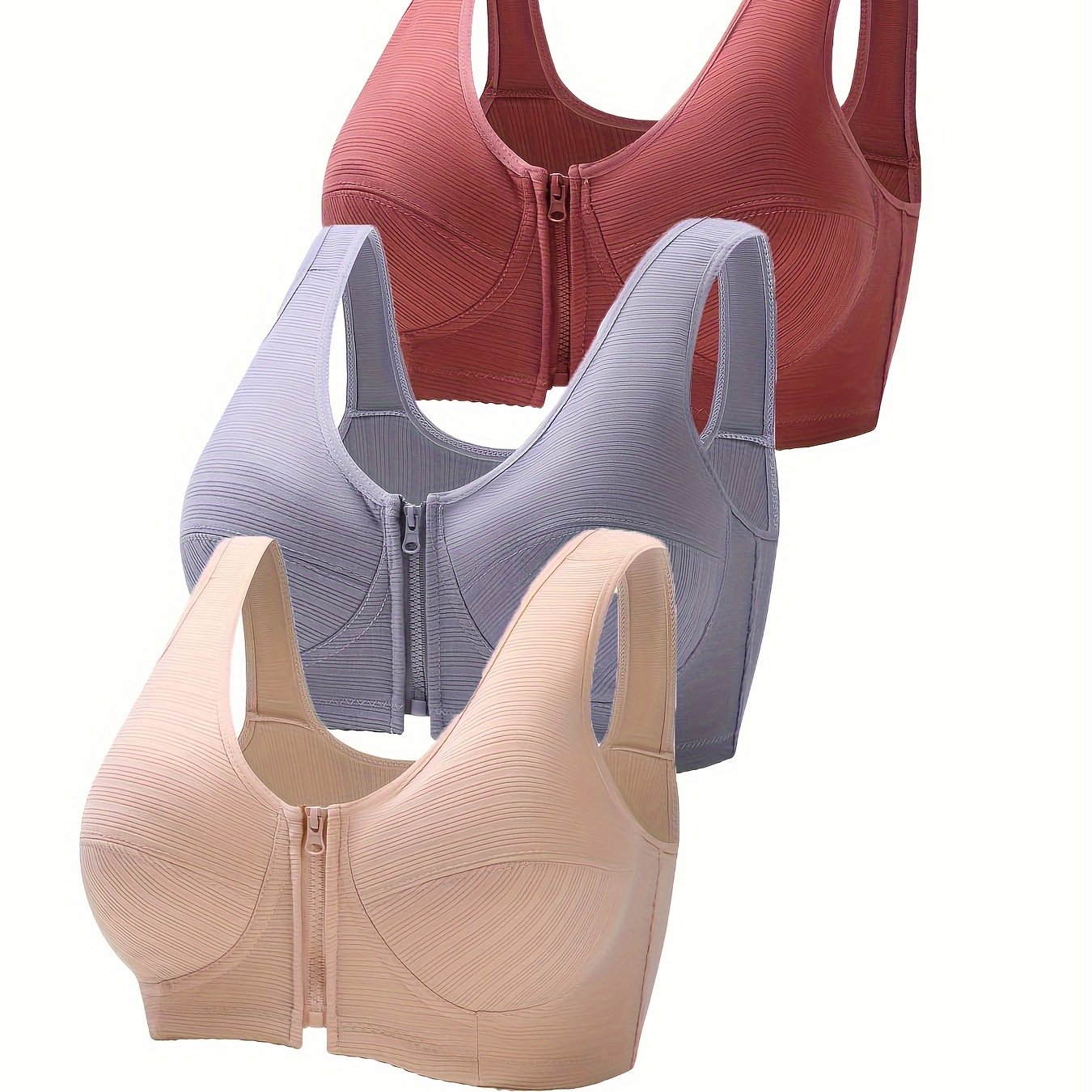 3pcs Wireless Push Up T-Shirt Bra - Wide Comfortable Straps, No Padding, Mature Style, Stripe Pattern - Simple And Comfy Lingerie For Women