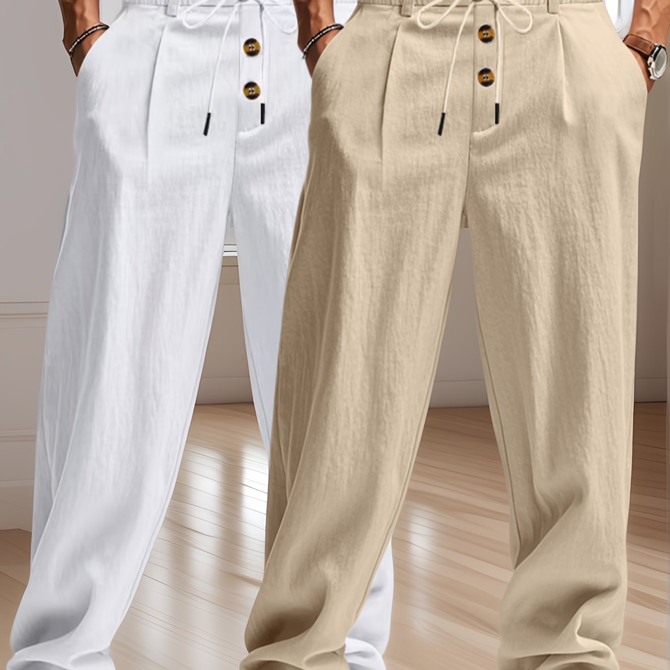 TEMU 2pcs Men's Linen Solid Color British Business Casual Straight Leg Pants With Drawstring Elastic Waistband And Button Design Casual Long Trousers