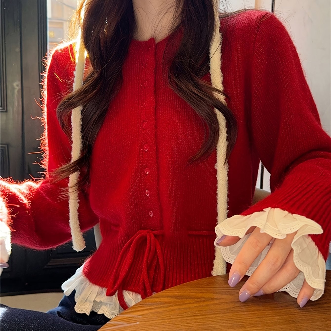 TEMU 여성용 스웨터, 프릴 장식과 앞면 끈 묶음형 긴소매 봄/가을 한국 스타일 디자인 베이스 레이어 상의