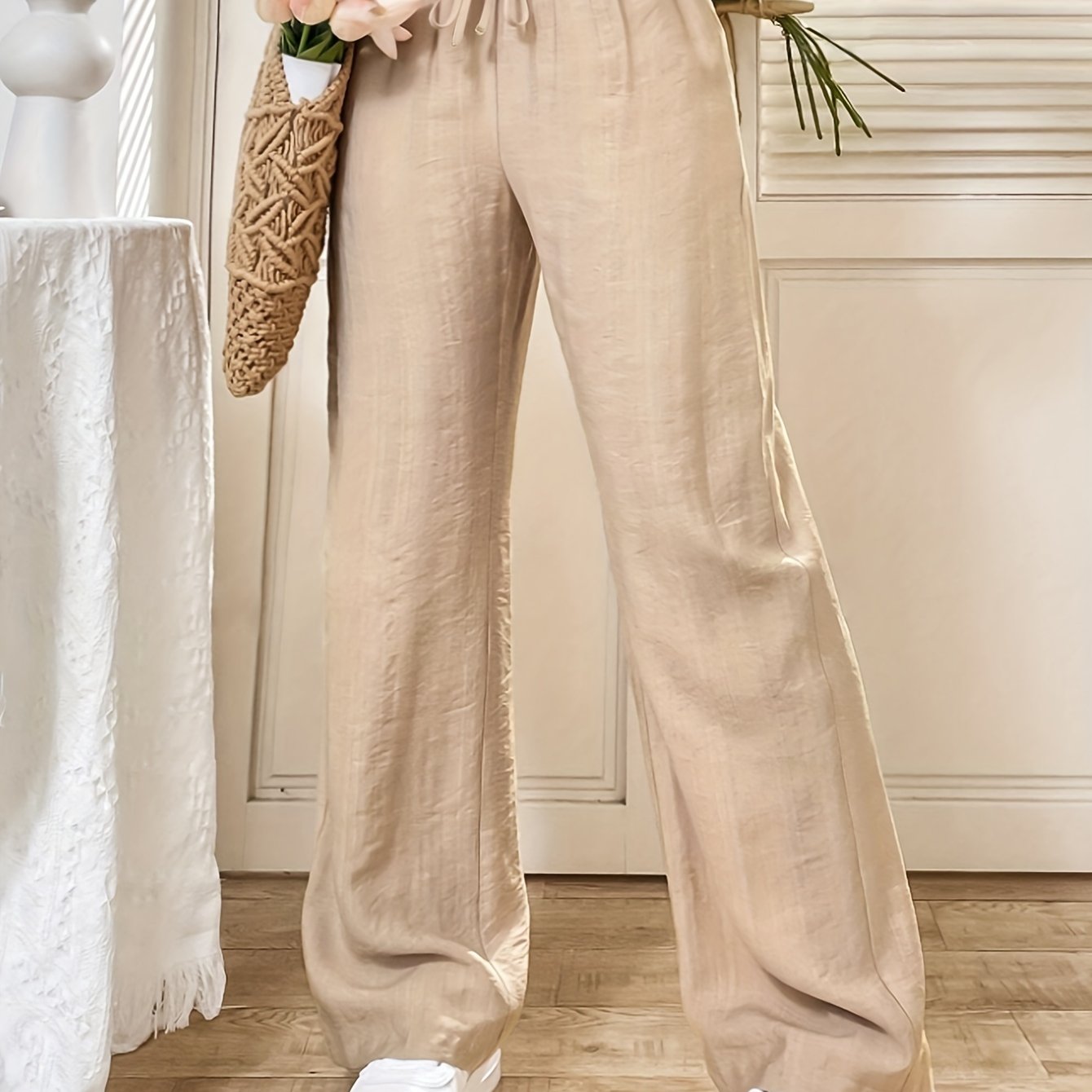 TEMU Women's Elastic Waist Slant Pocket Straight Loose Casual Long Pants