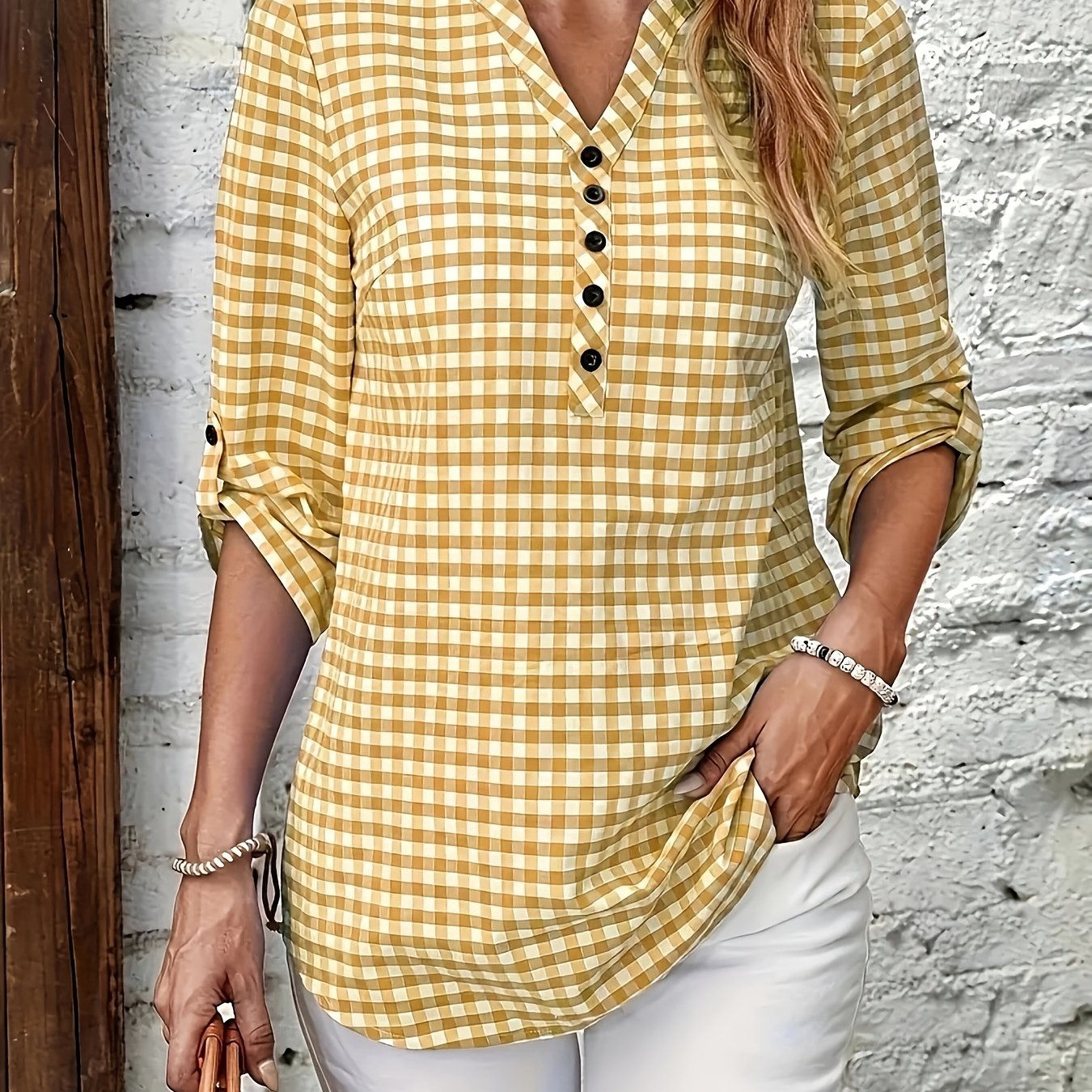 TEMU Elegant V-neck 3/4 Sleeve Women's Blouse - Fabric, Pattern With Button Detail, Mid-length For Wear