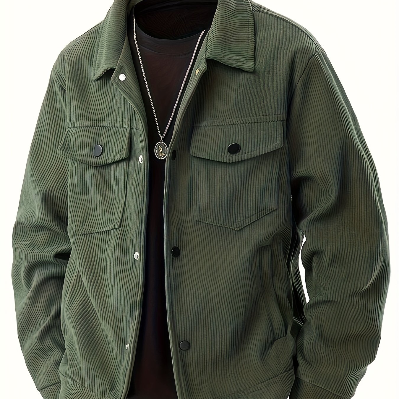 TEMU Men's Plus Size Corduroy Solid Color Multi-pocket College Style Work Jacket, Elegant Spring And Autumn Snap Button Design, Flap Pocket Jacket,