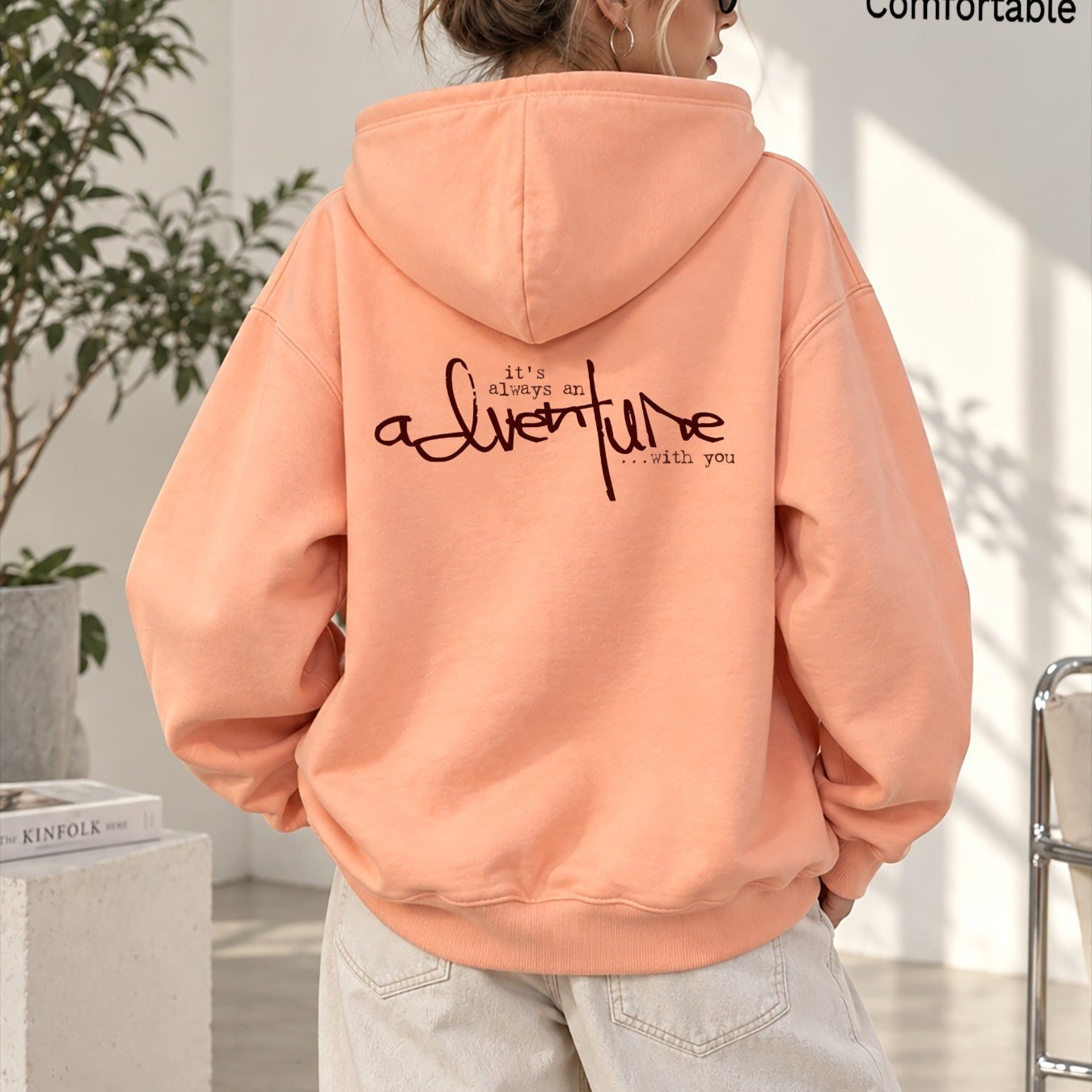 Image of Autumn Women's Fashionable Loose Drop-shoulder Hoodie With Red Back Letter Print, Casual Streetwear For Ladies, Fall Winter Daily Wear Pullover Jacket With Pockets And Drawstring