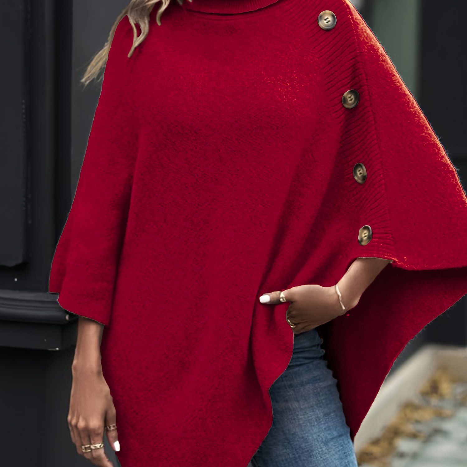 TEMU Elegant Special "slim Fit Bust" 1 Elegant Women' Color High-neck Shawl Pullover, Side Button Decoration, Asymmetrical Design, 100% Polyester,