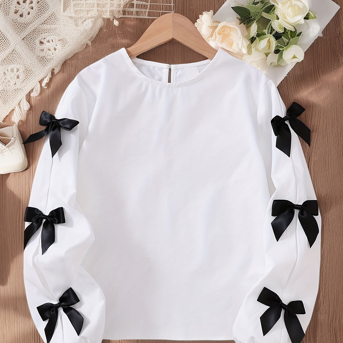Image of Tween Girl Loose Fit Casual Round Neck Chic Bow Decor Long Sleeve Blouse