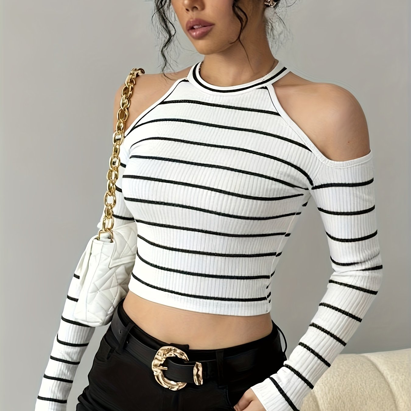 TEMU Women's Off-shoulder Striped Long-sleeve T-shirt - Elegant Suitable For - Blouse Elegant Top, Medium Stretch Non-sheer Shirt, Machine Washable
