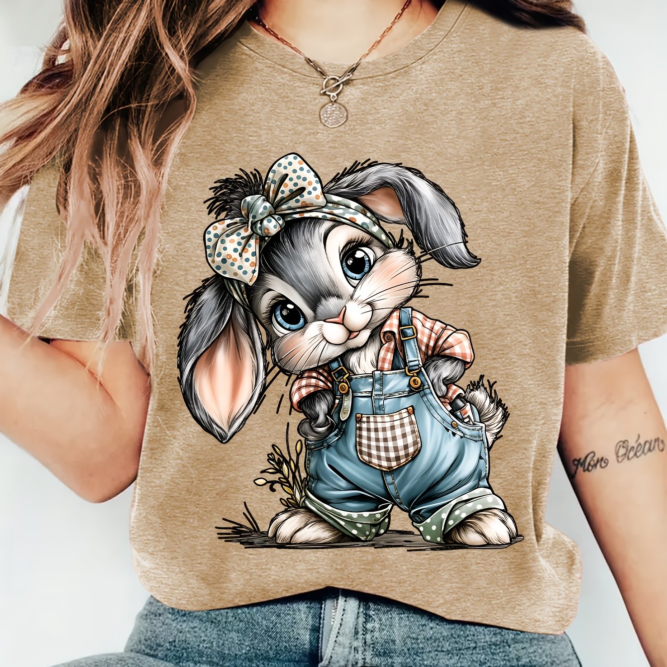 TEMU Women's Summer Apparel, Tilted Head Rabbit With Hips Printed Round Neck Short Sleeve T-shirt, Comfortable, Soft, Stylish, Elegant, Vintage,