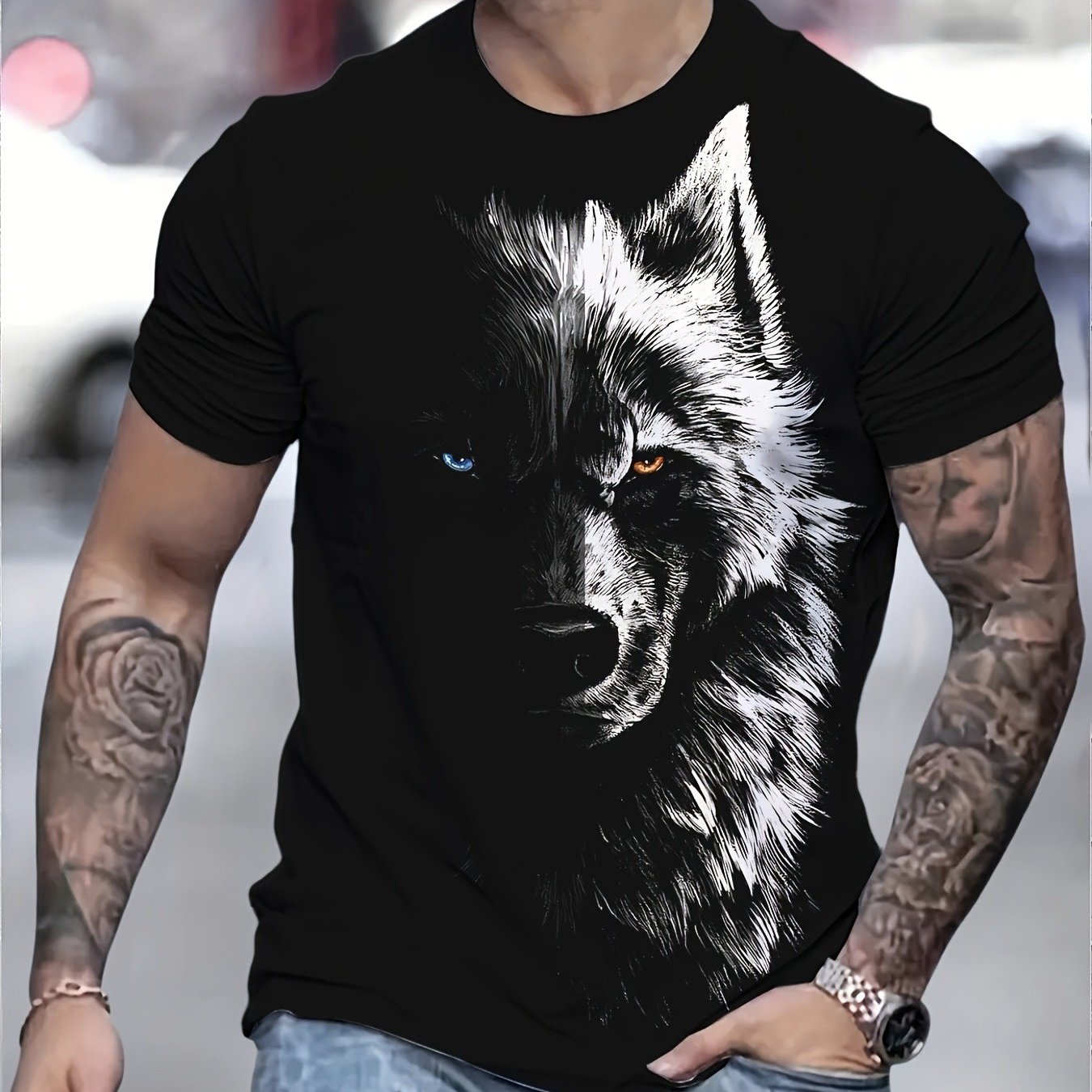 Men's Vintage Wolf Print T-shirt - 100%, Short Sleeve Crew Neck, Machine Washable - Stylish Animal , Black With White Wolf Graphic, Casual Streetwear Look, Fashion