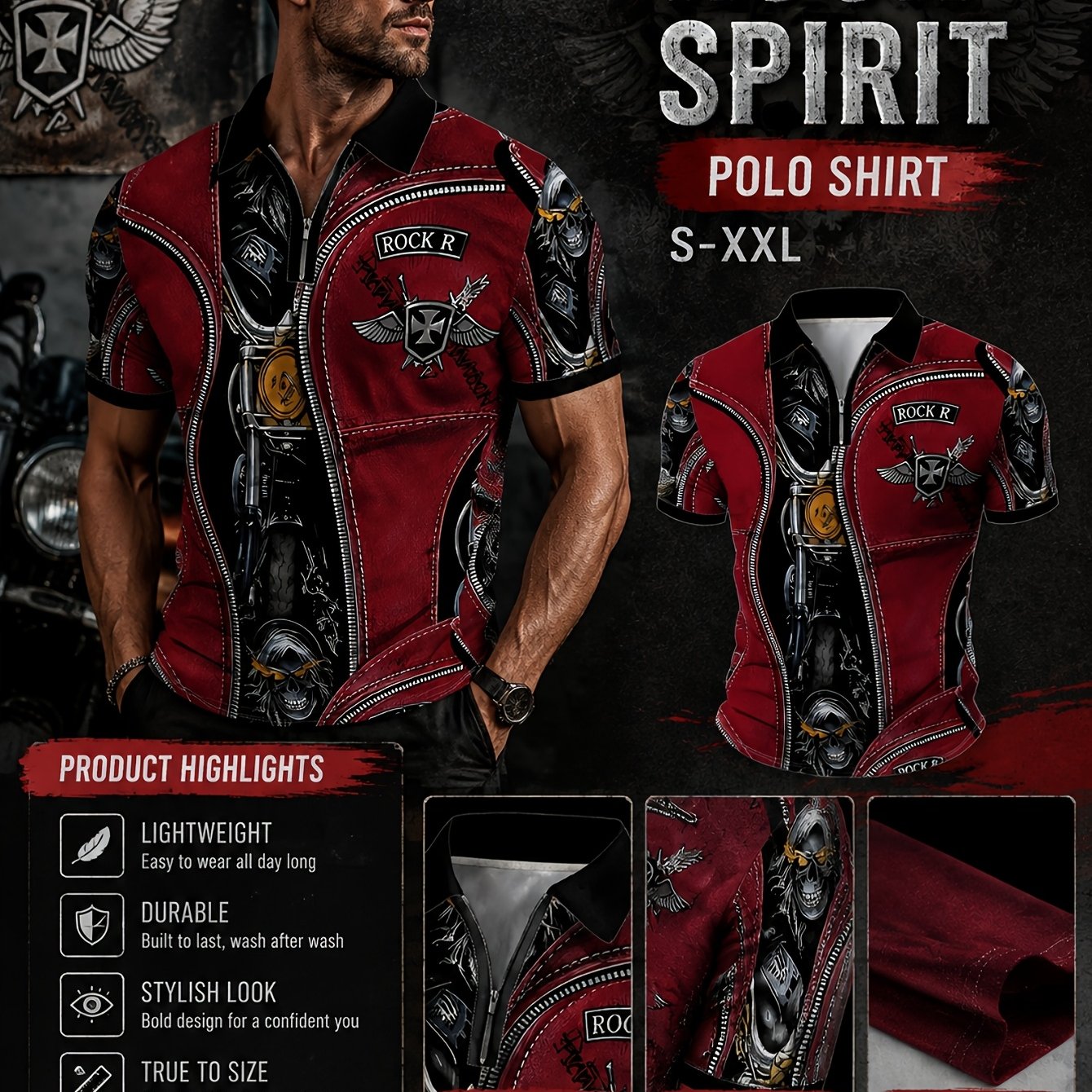 TEMU Men's Shirt With Motorcycle Element Skull Zipper Design, Lapel Collar, Short Sleeves, Trendy Slim