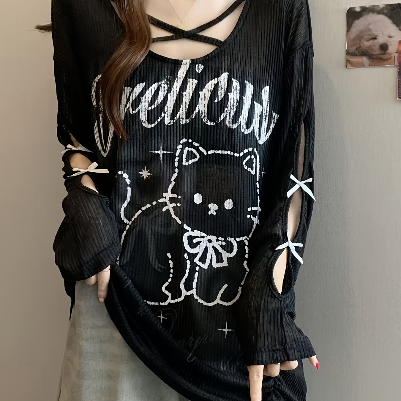 TEMU 【商品名】ルーズフィット オーバーサイズ 猫柄 かわいい おしゃれ 中空 カジュアル トップス 春秋の旅行や写真撮影に最適